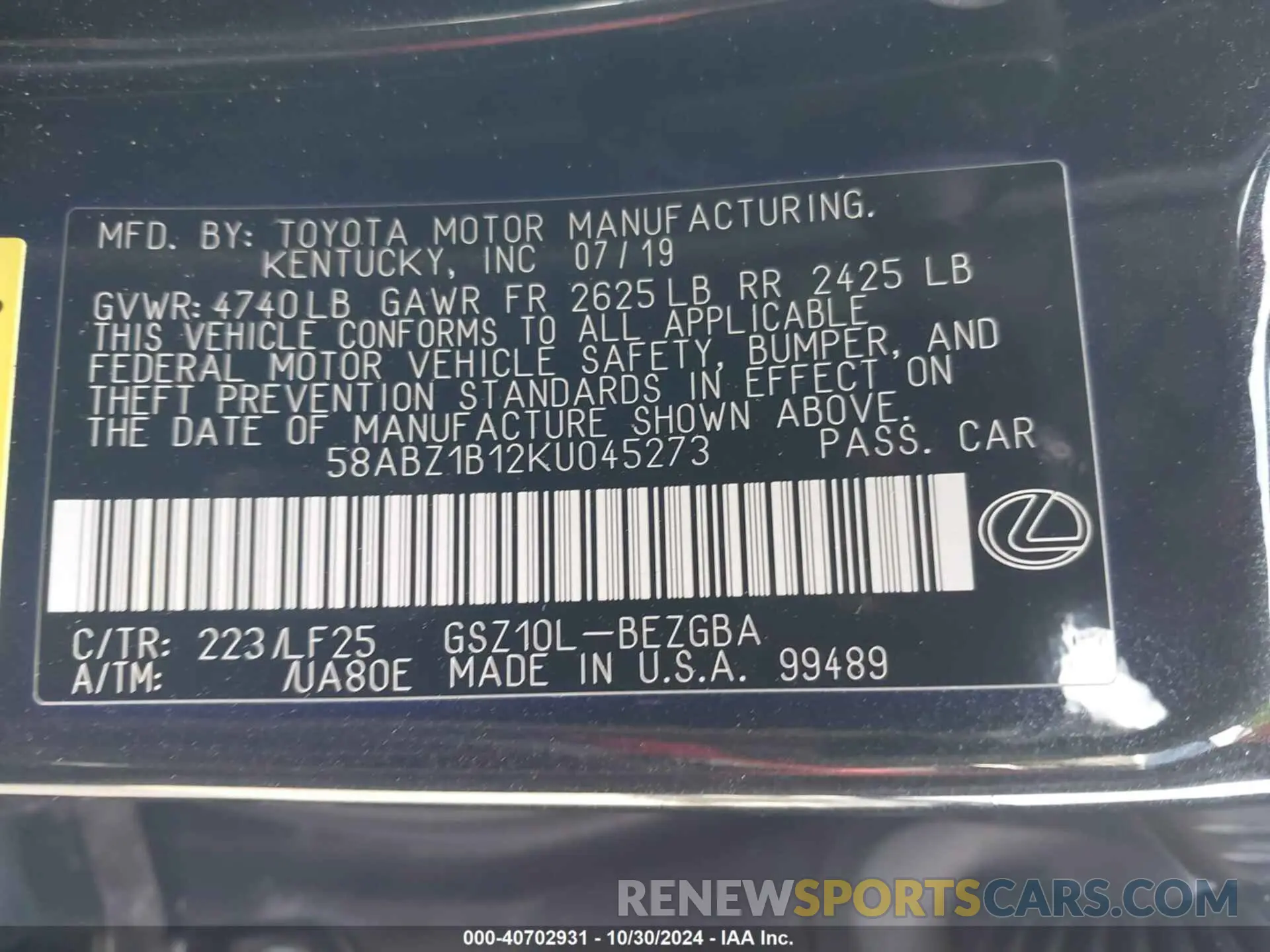 9 fotografías del automóvil dañado 58ABZ1B12KU045273 LEXUS ES 350 2019