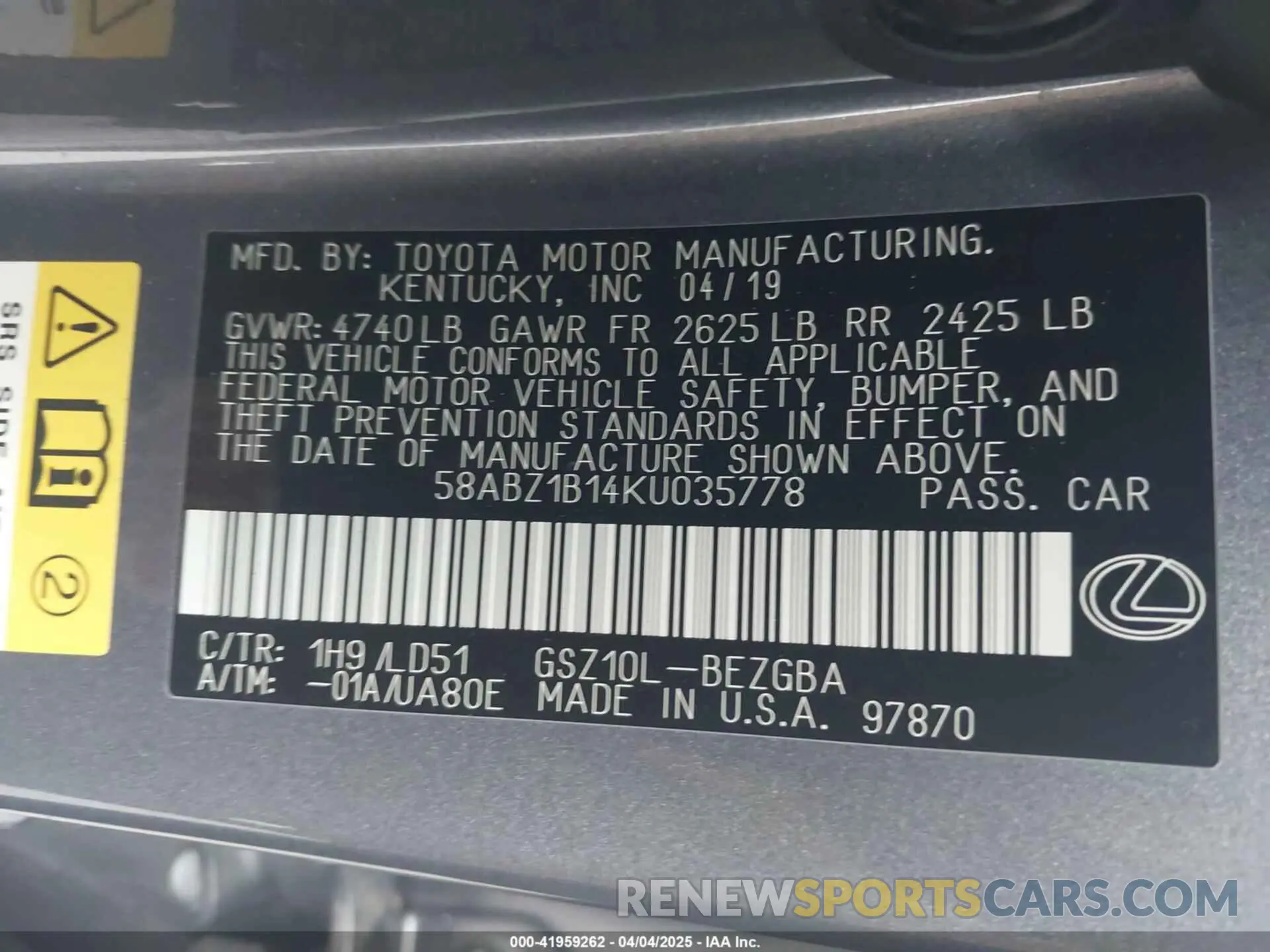 9 fotografías del automóvil dañado 58ABZ1B14KU035778 LEXUS ES 350 2019
