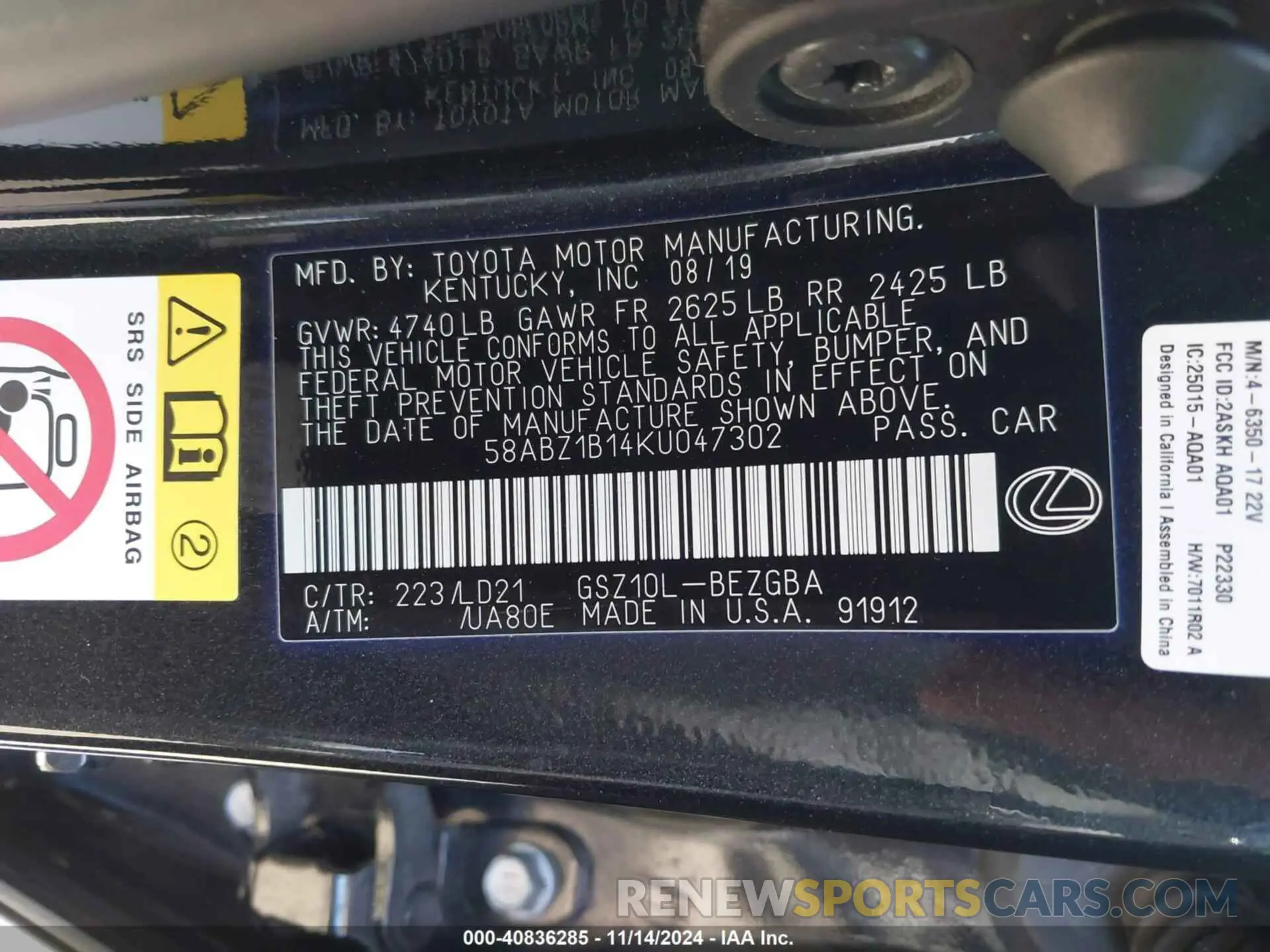 9 fotografías del automóvil dañado 58ABZ1B14KU047302 LEXUS ES 350 2019