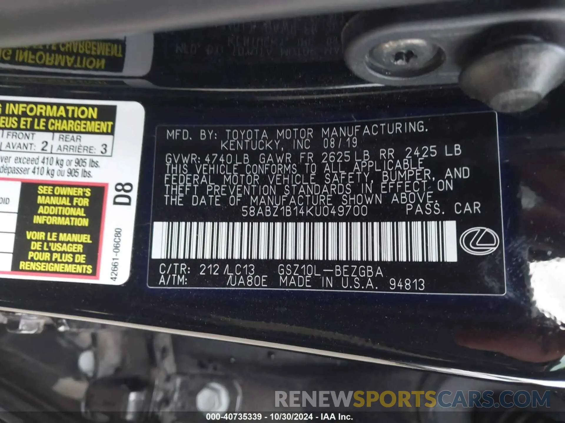 9 fotografías del automóvil dañado 58ABZ1B14KU049700 LEXUS ES 350 2019