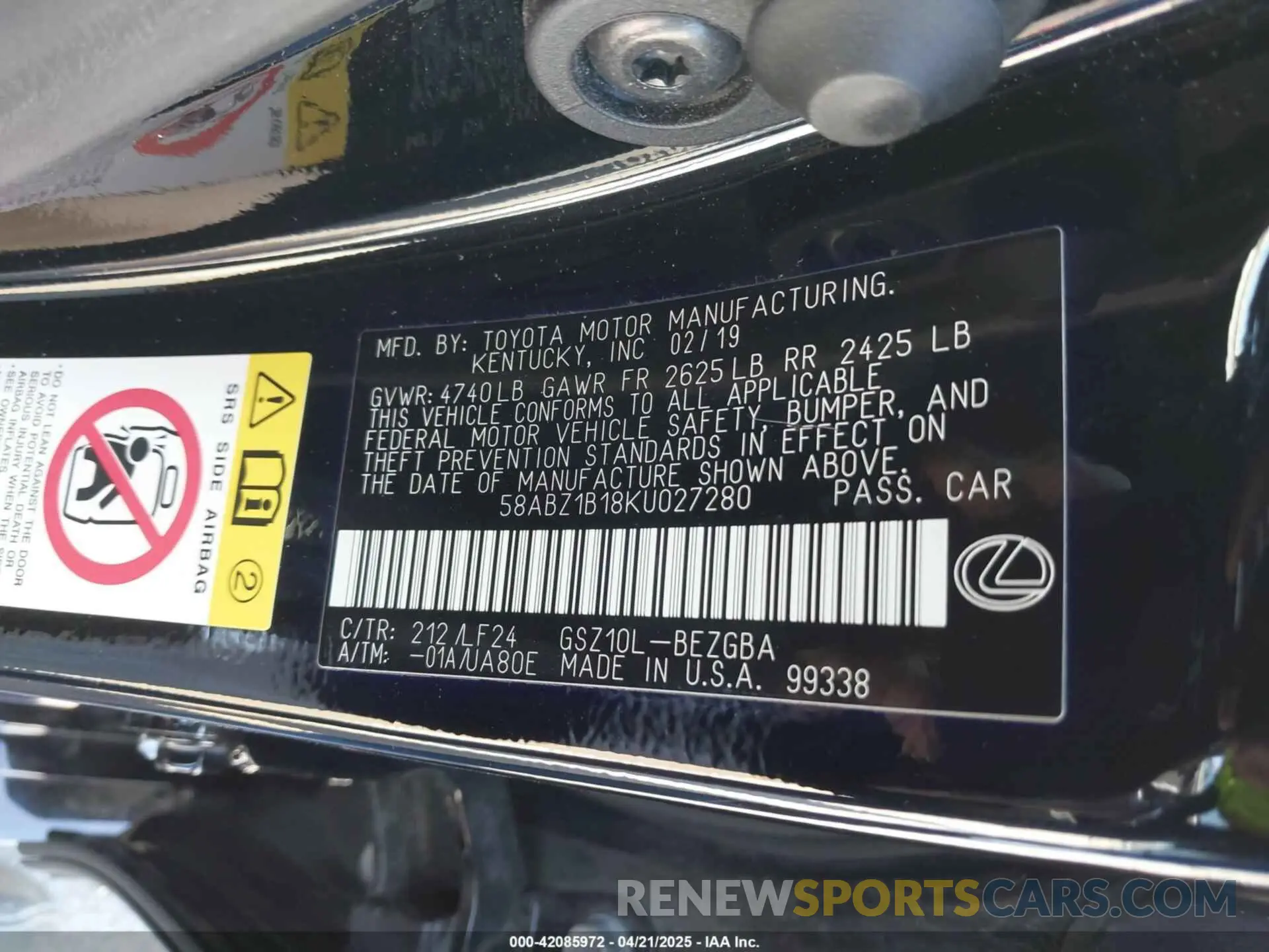 9 fotografías del automóvil dañado 58ABZ1B18KU027280 LEXUS ES 350 2019