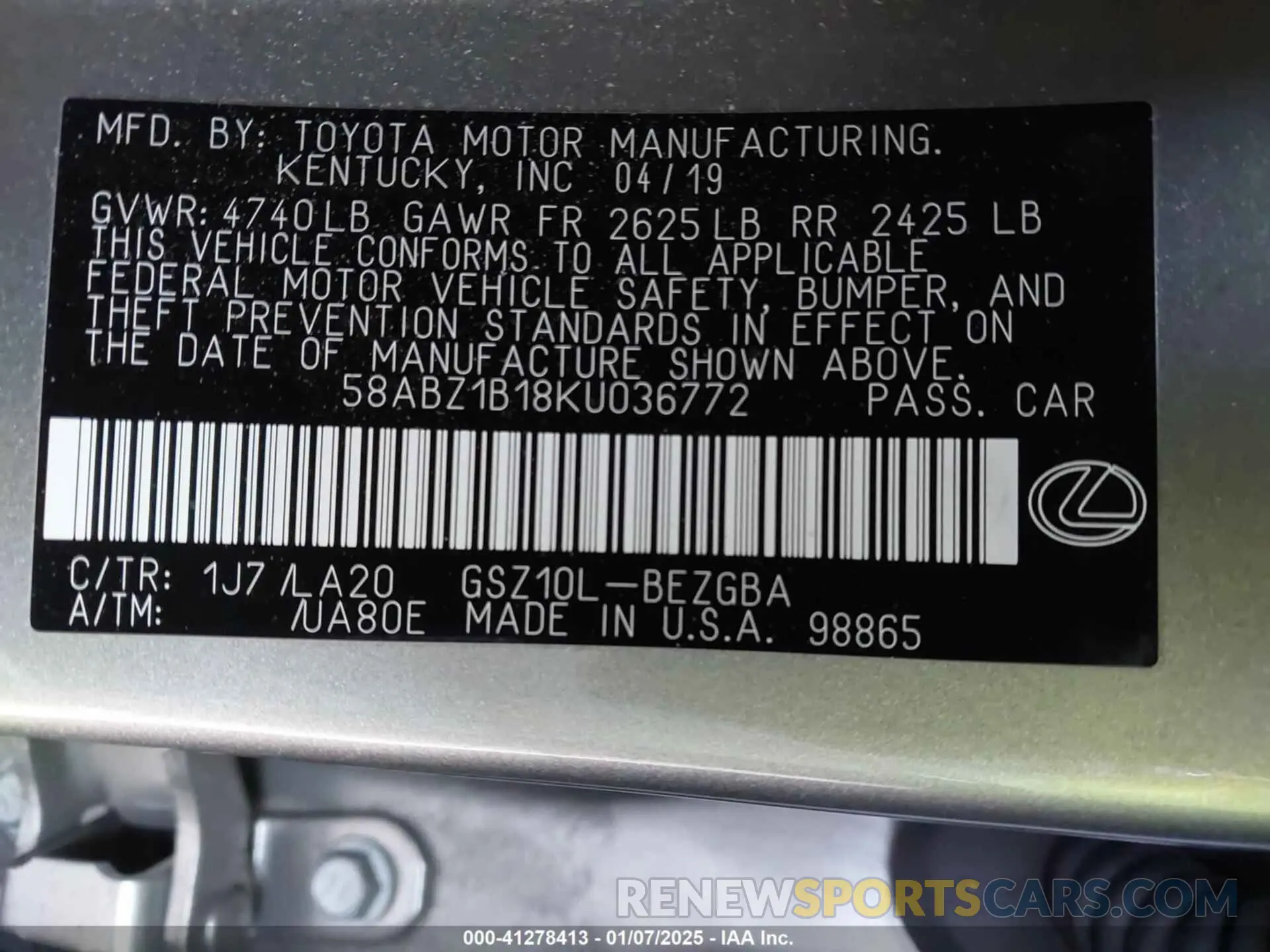 9 fotografías del automóvil dañado 58ABZ1B18KU036772 LEXUS ES 350 2019