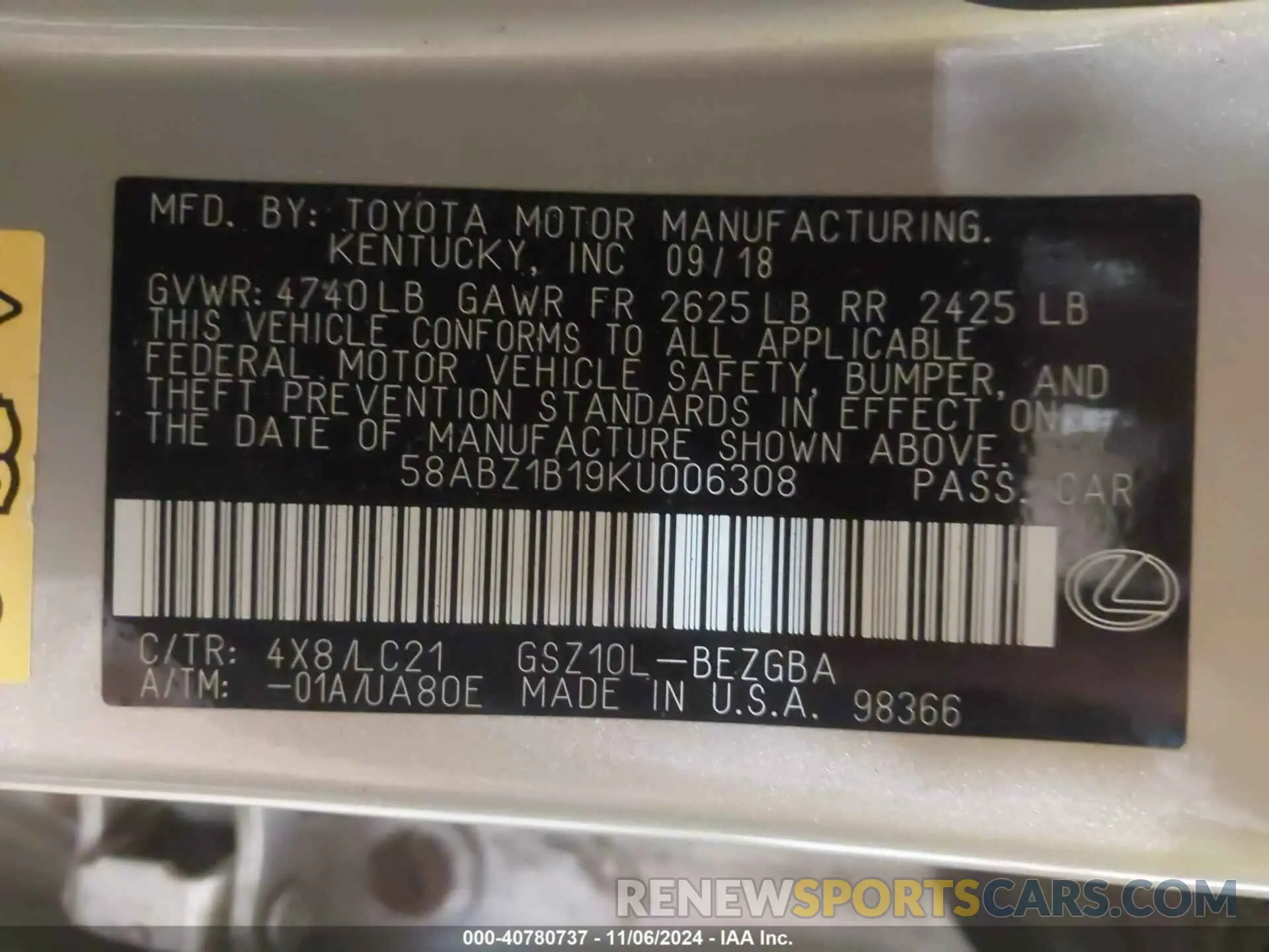 9 fotografías del automóvil dañado 58ABZ1B19KU006308 LEXUS ES 350 2019