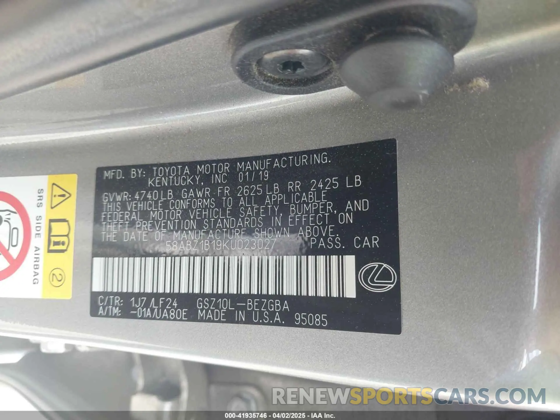 9 fotografías del automóvil dañado 58ABZ1B19KU023027 LEXUS ES 350 2019