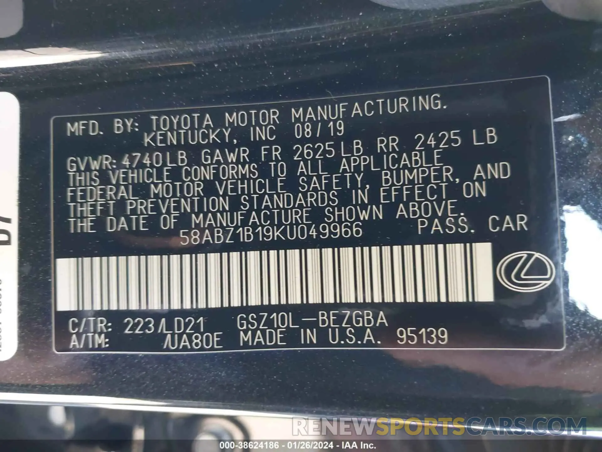 9 fotografías del automóvil dañado 58ABZ1B19KU049966 LEXUS ES 350 2019