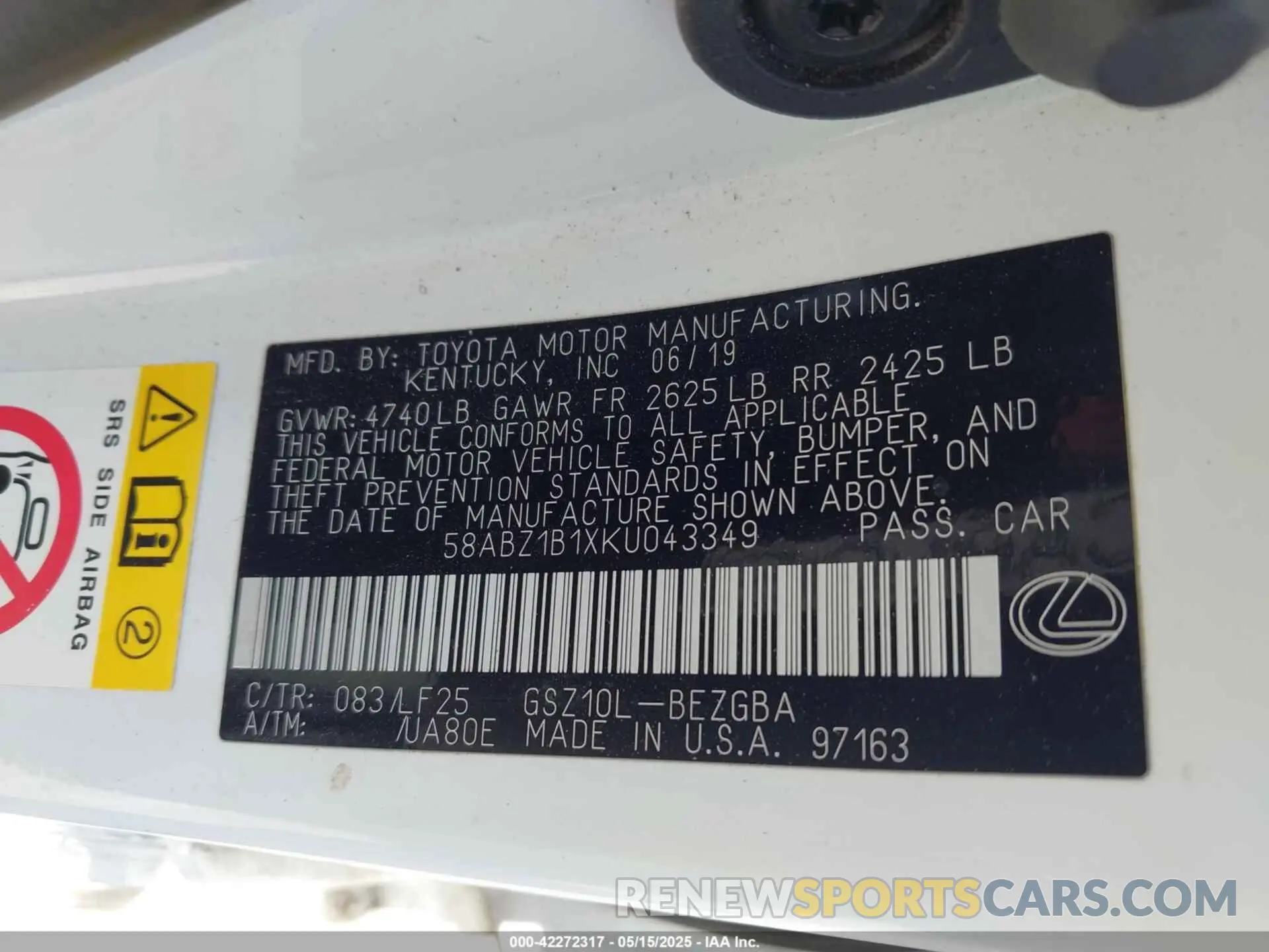 9 fotografías del automóvil dañado 58ABZ1B1XKU043349 LEXUS ES 350 2019