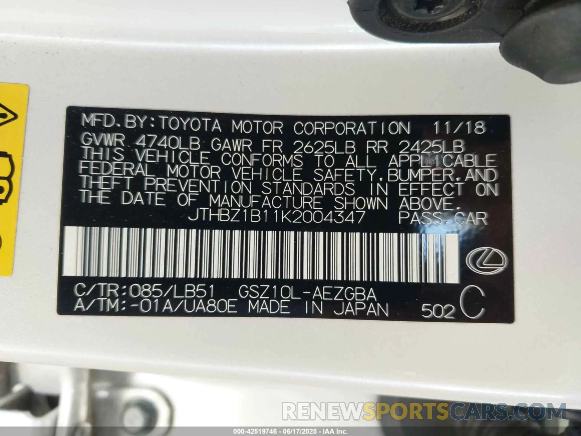 9 fotografías del automóvil dañado JTHBZ1B11K2004347 LEXUS ES 350 2019