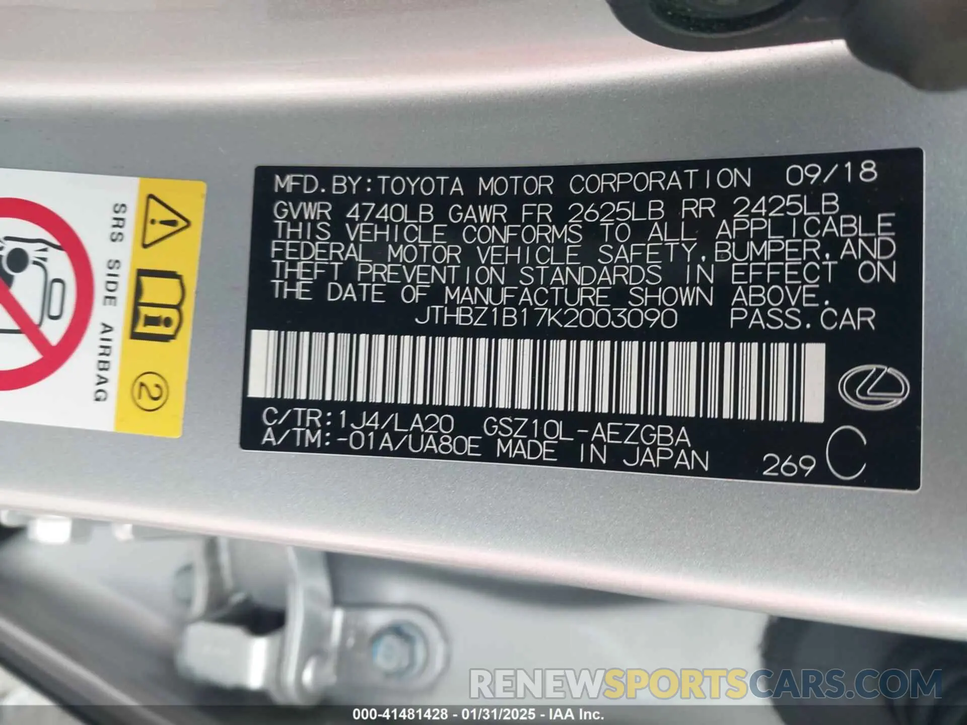 9 fotografías del automóvil dañado JTHBZ1B17K2003090 LEXUS ES 350 2019