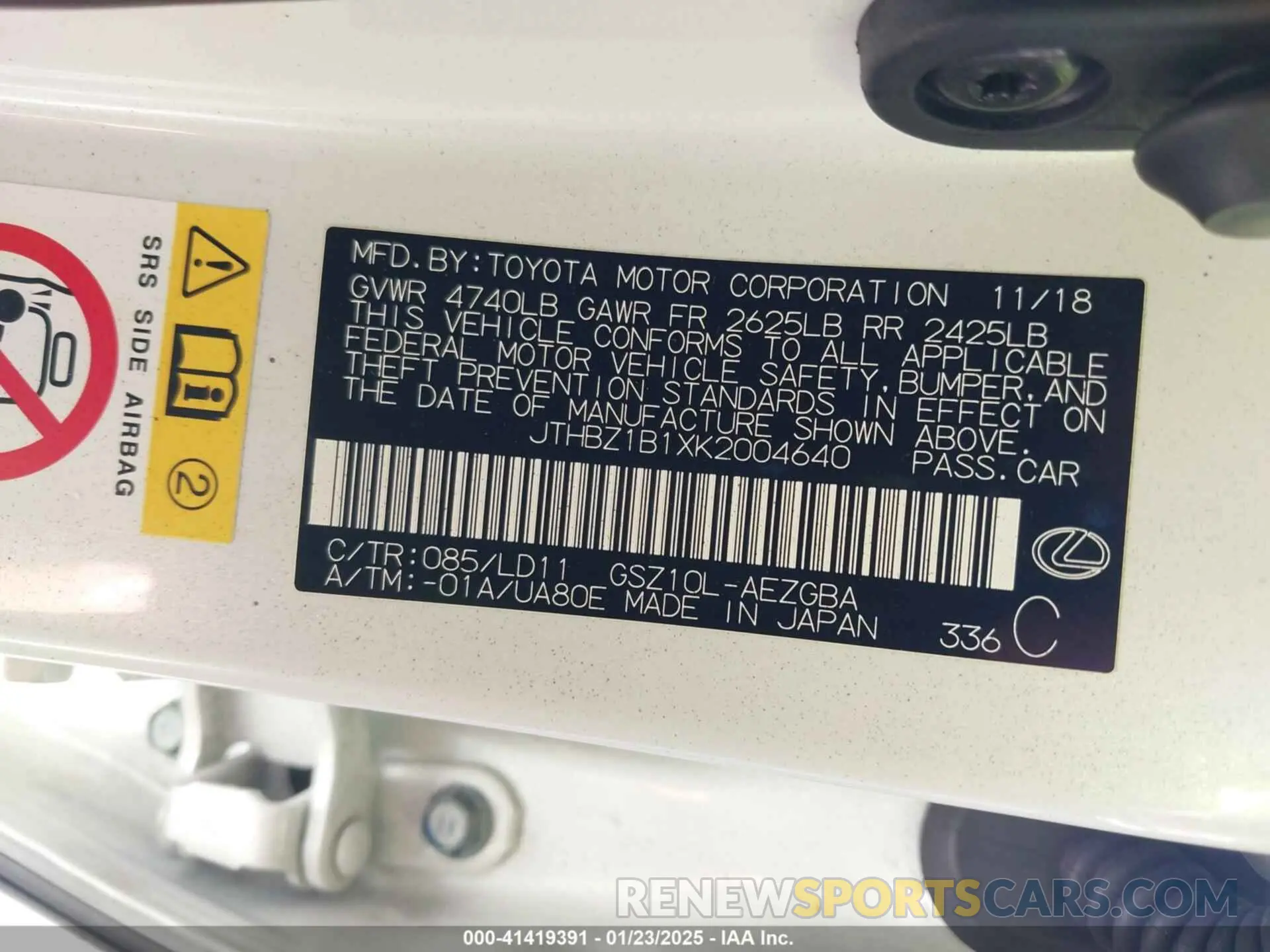 9 fotografías del automóvil dañado JTHBZ1B1XK2004640 LEXUS ES 350 2019