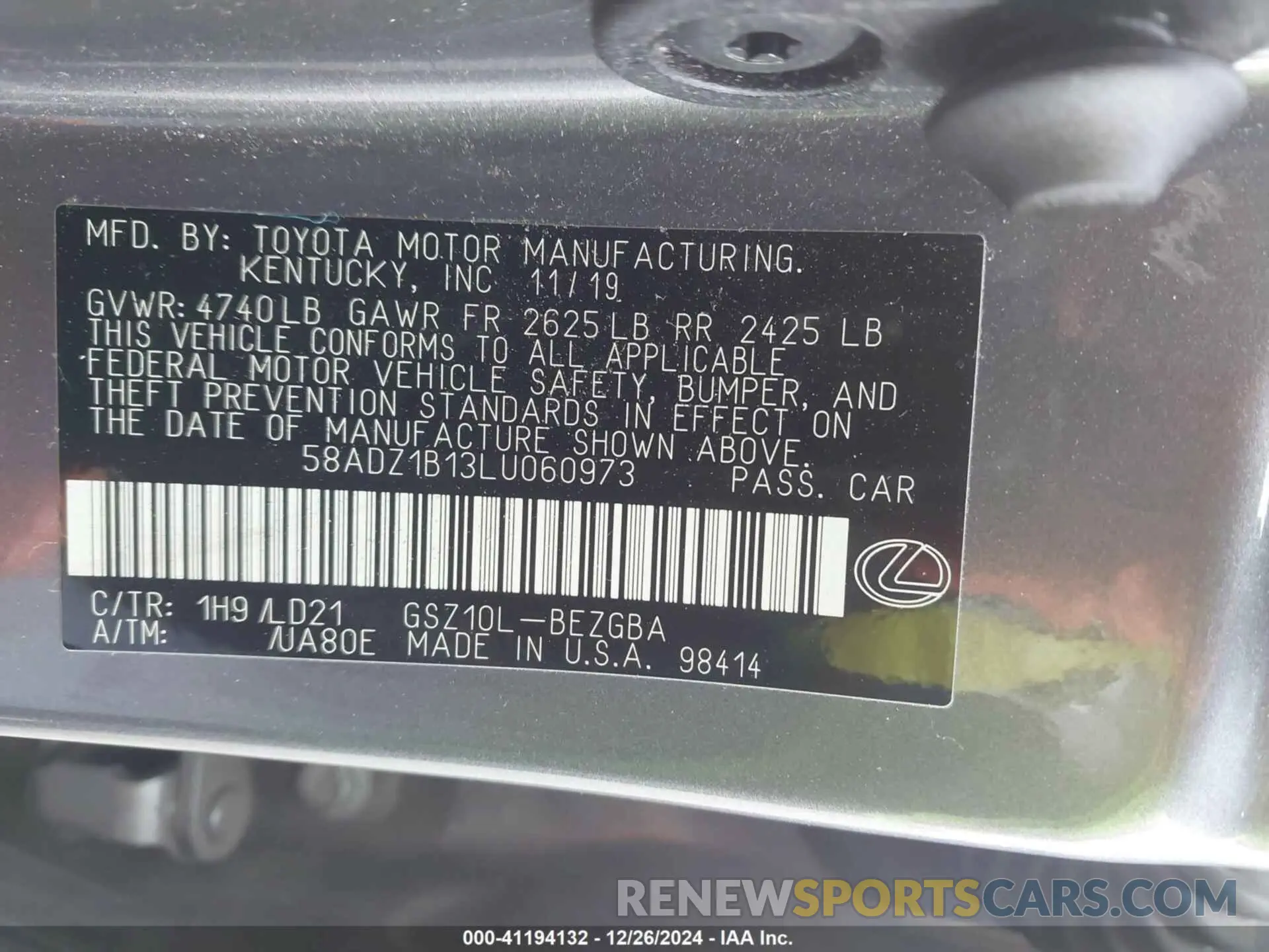 9 fotografías del automóvil dañado 58ADZ1B13LU060973 LEXUS ES 350 2020