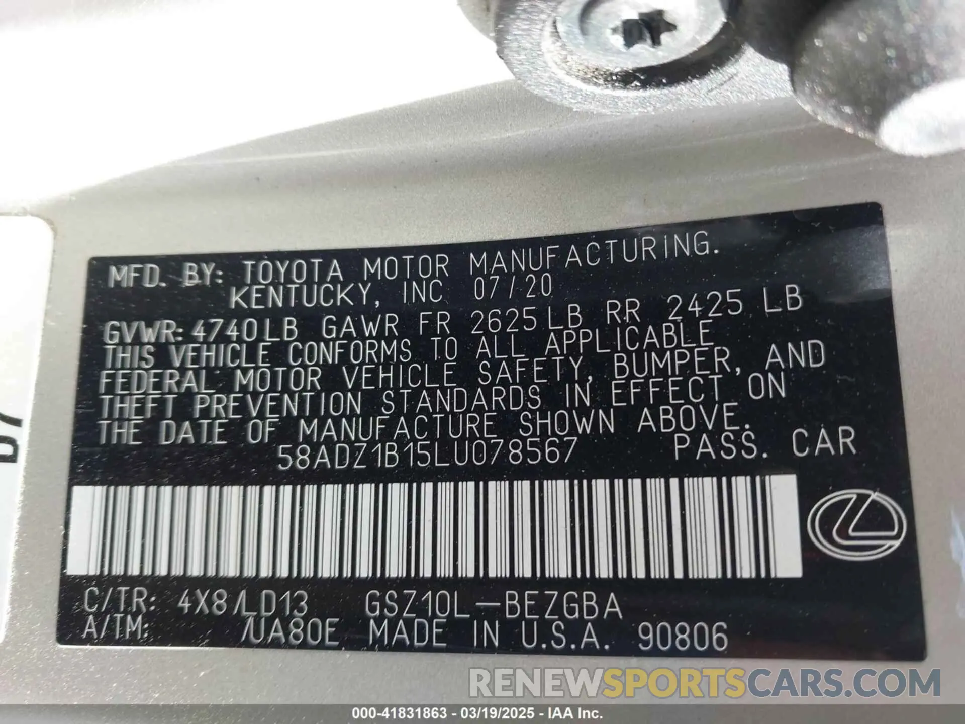 9 fotografías del automóvil dañado 58ADZ1B15LU078567 LEXUS ES 350 2020