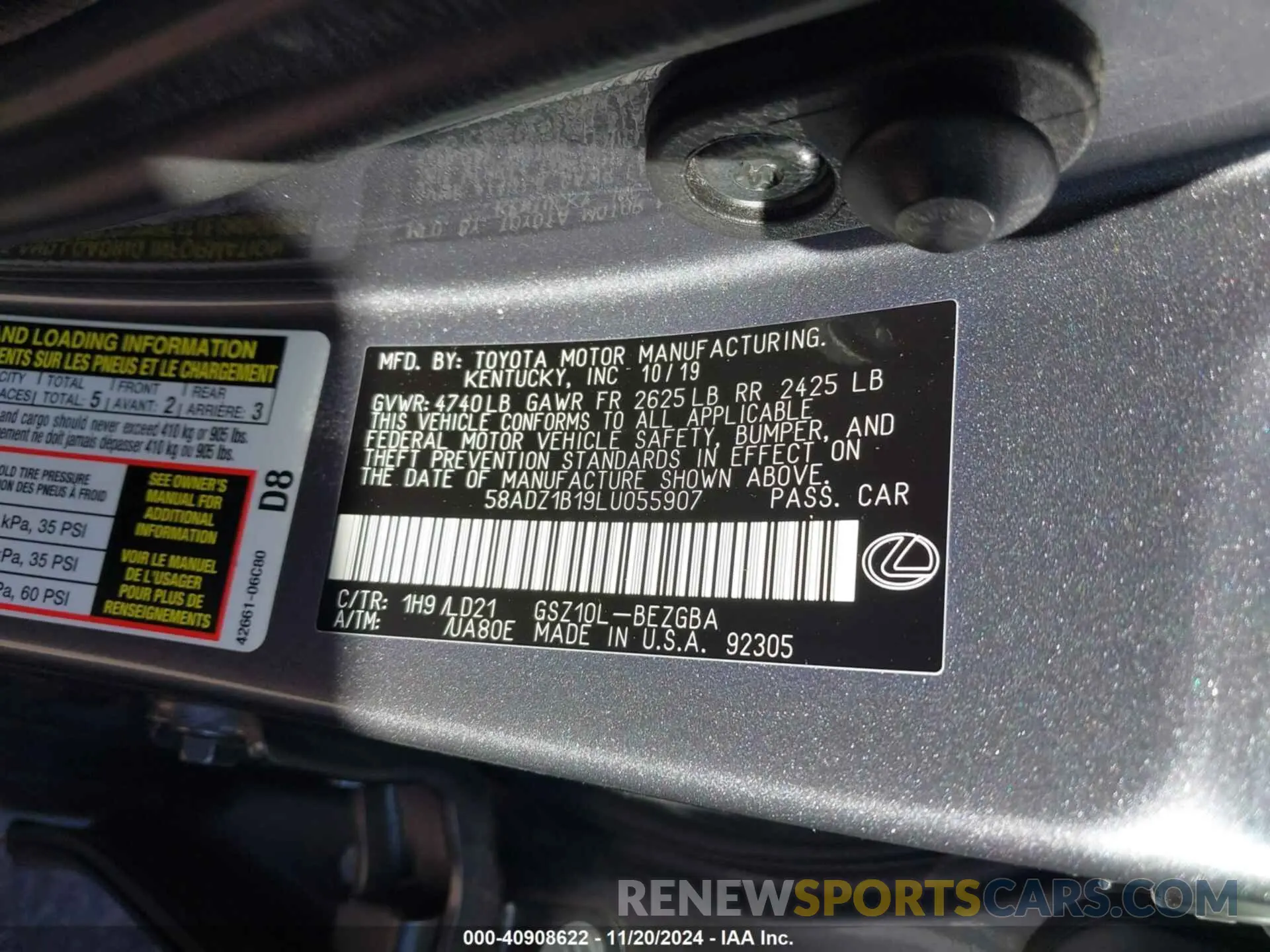 9 fotografías del automóvil dañado 58ADZ1B19LU055907 LEXUS ES 350 2020