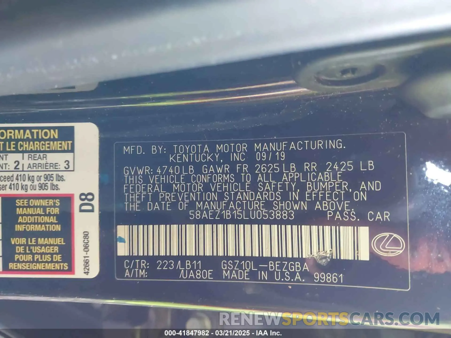 9 fotografías del automóvil dañado 58AEZ1B15LU053883 LEXUS ES 350 2020
