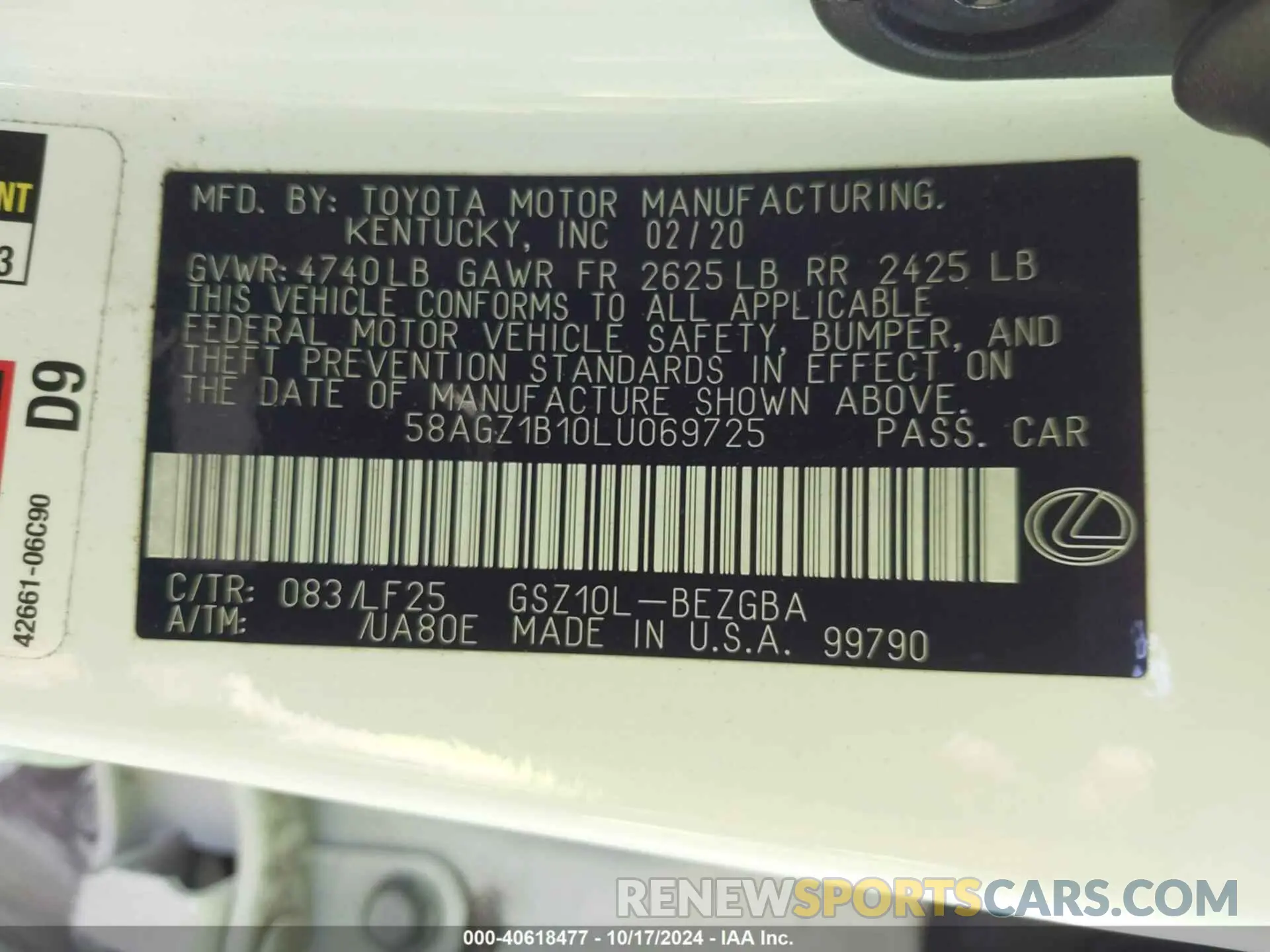 9 fotografías del automóvil dañado 58AGZ1B10LU069725 LEXUS ES 350 2020