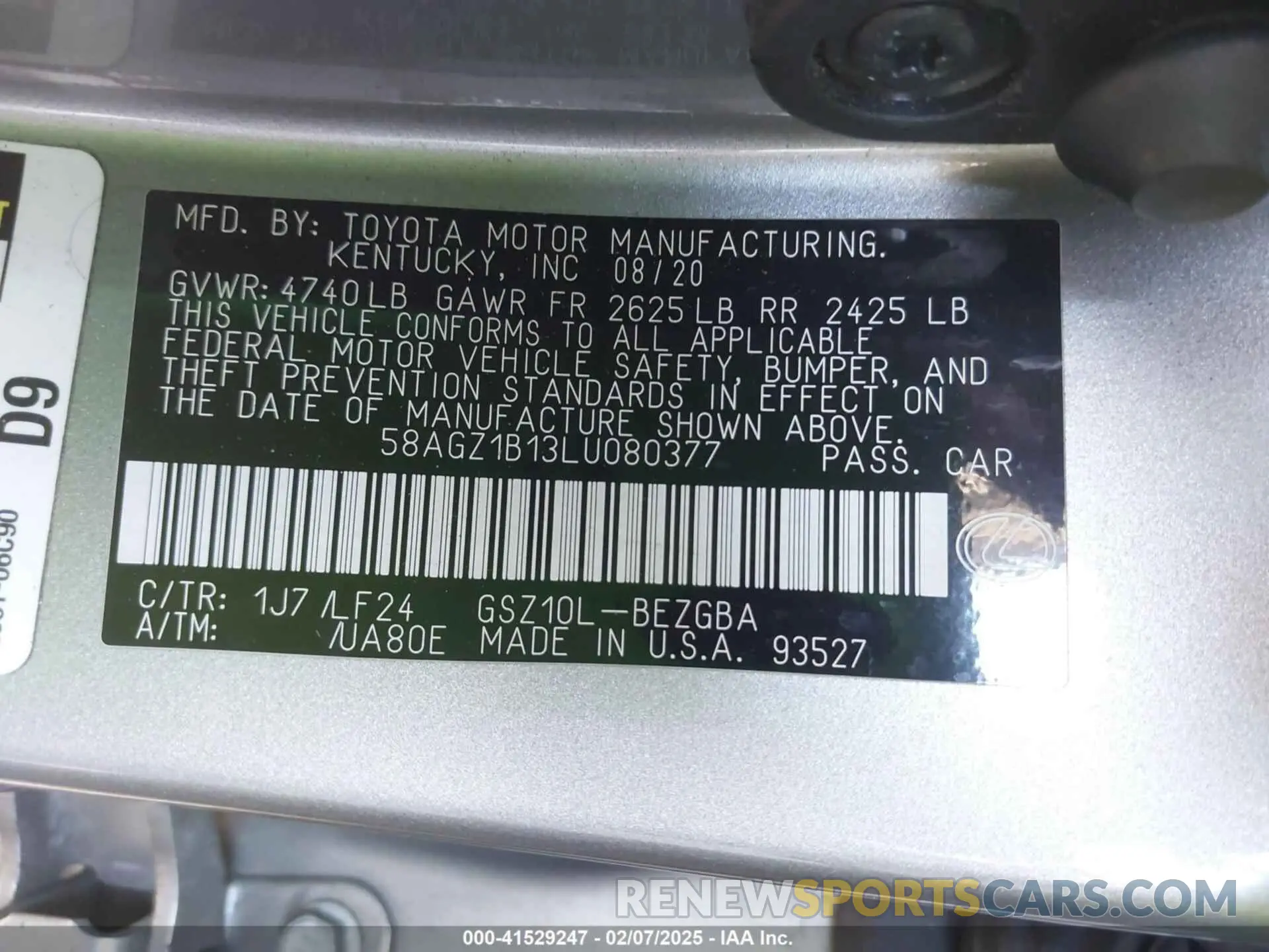 9 fotografías del automóvil dañado 58AGZ1B13LU080377 LEXUS ES 350 2020