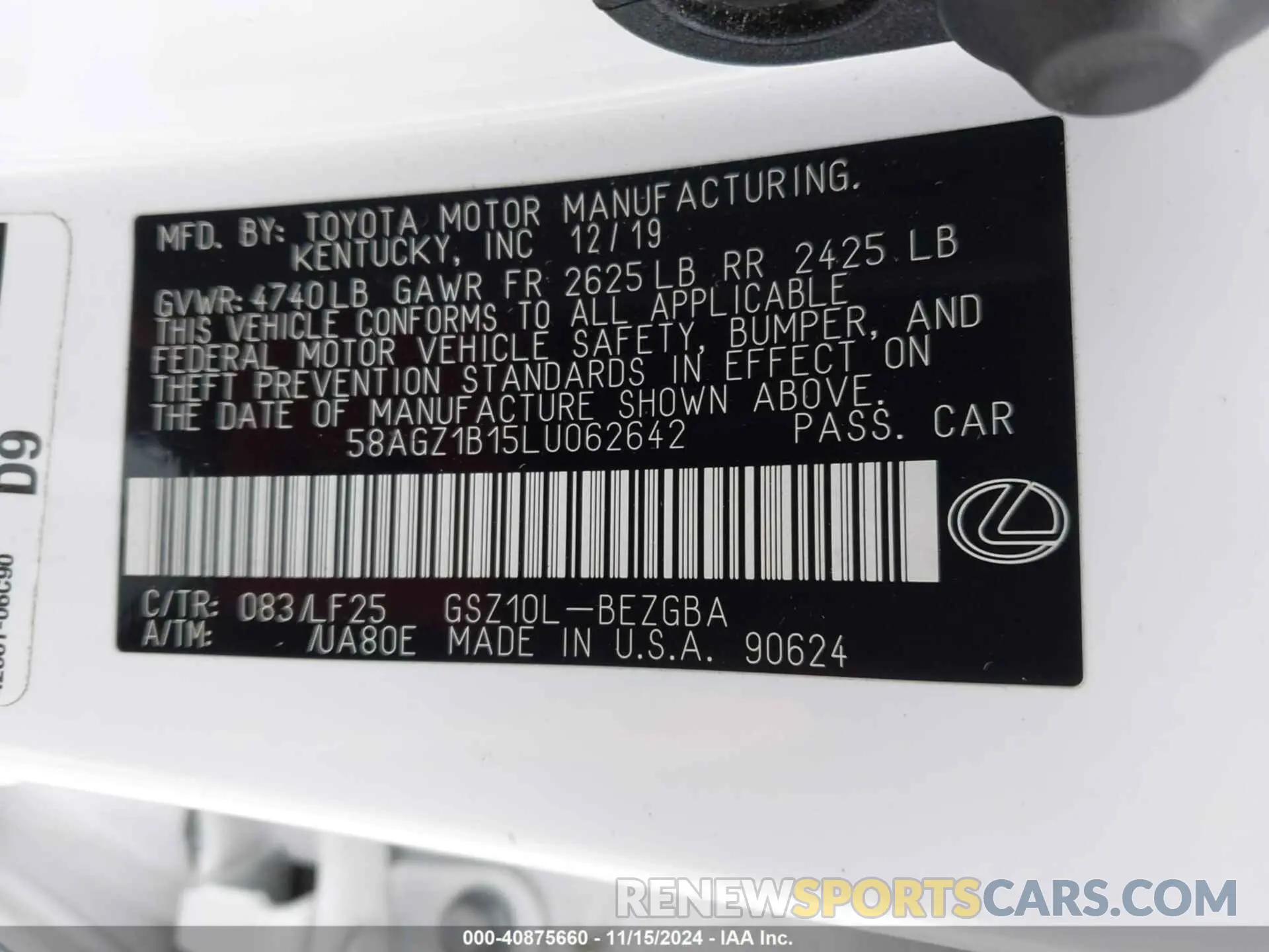 9 fotografías del automóvil dañado 58AGZ1B15LU062642 LEXUS ES 350 2020