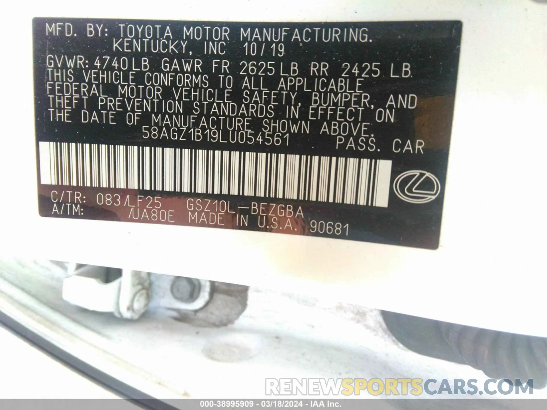 9 fotografías del automóvil dañado 58AGZ1B19LU054561 LEXUS ES 350 2020