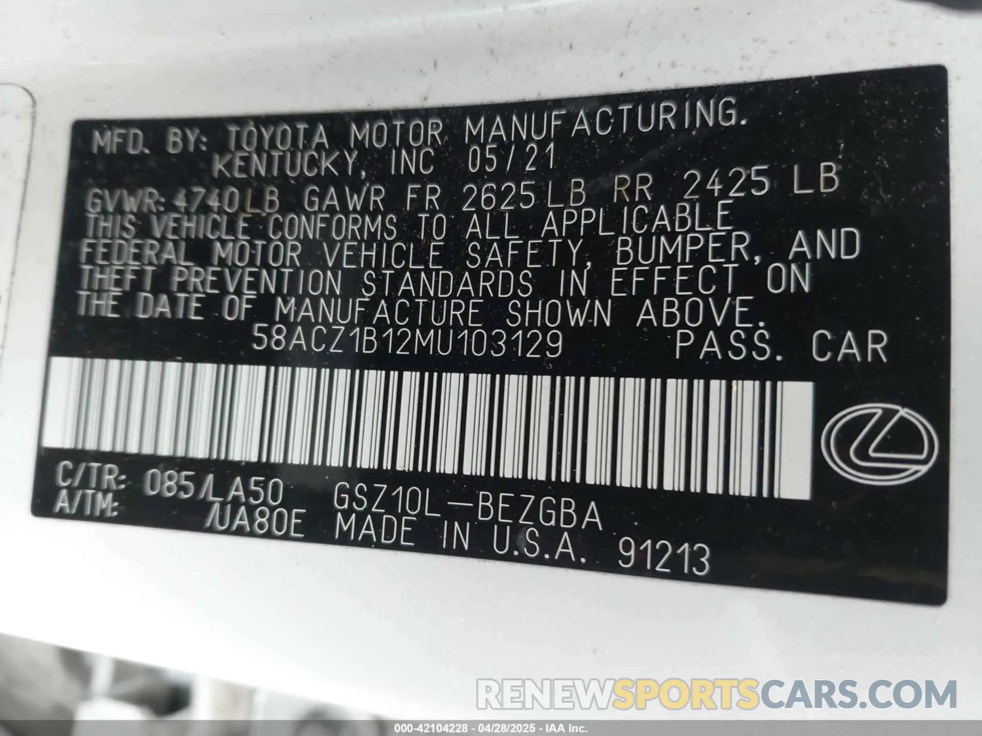 9 fotografías del automóvil dañado 58ACZ1B12MU103129 LEXUS ES 350 2021