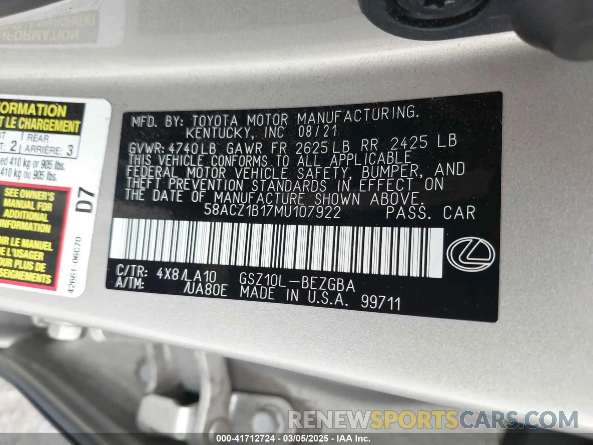 9 fotografías del automóvil dañado 58ACZ1B17MU107922 LEXUS ES 350 2021