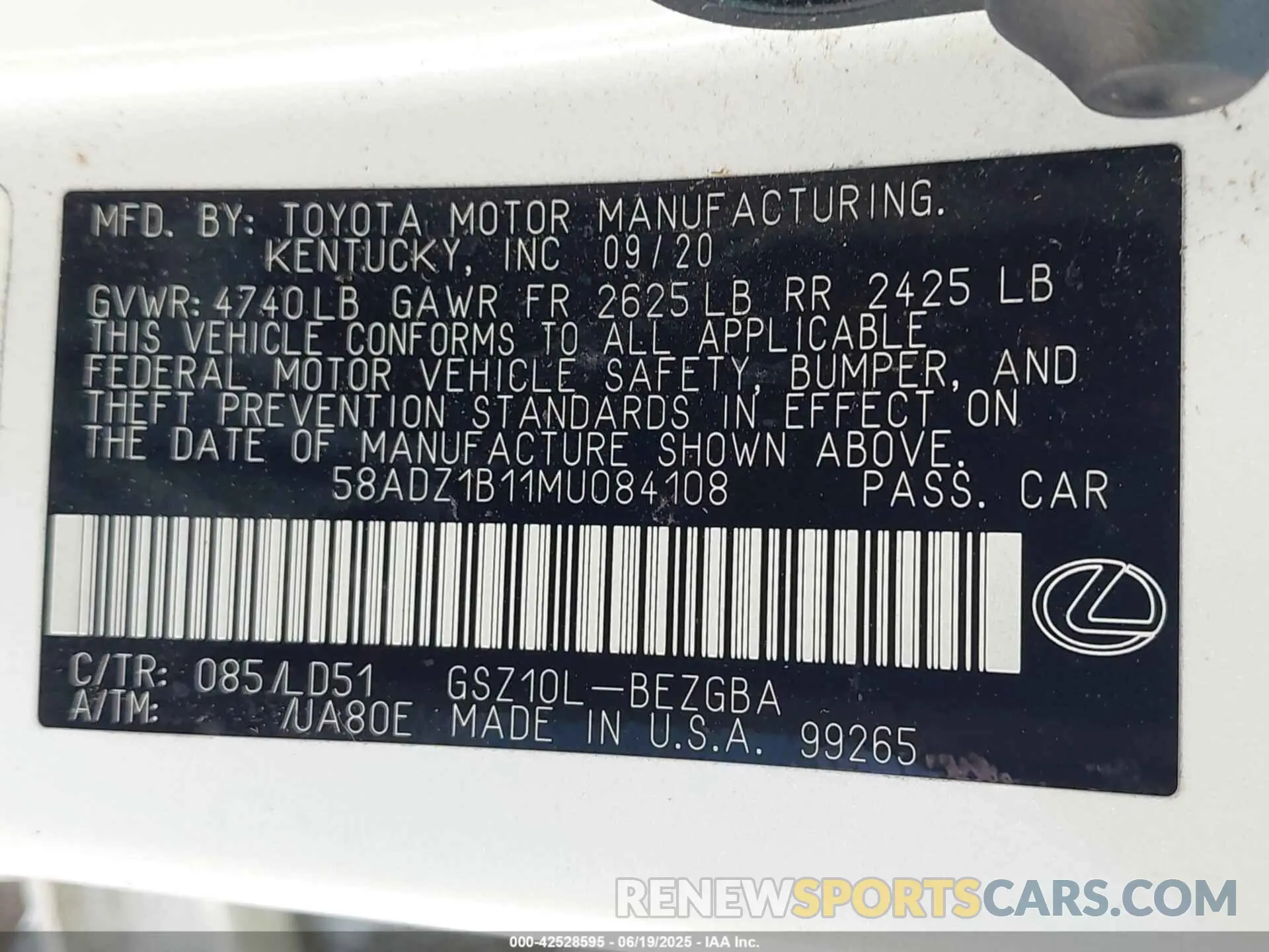 9 fotografías del automóvil dañado 58ADZ1B11MU084108 LEXUS ES 350 2021