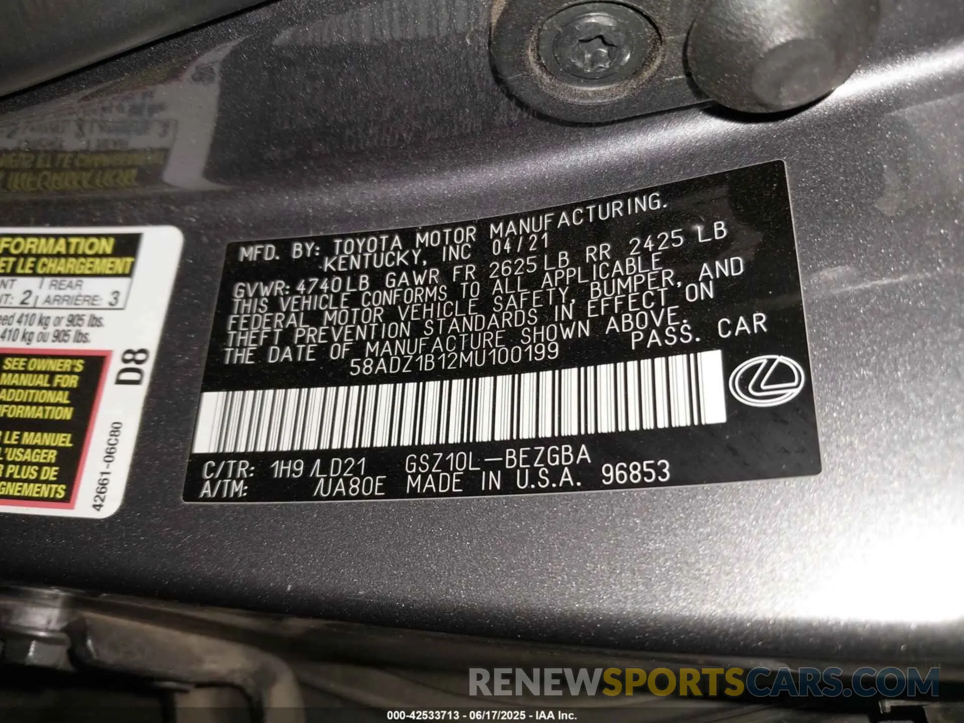 9 fotografías del automóvil dañado 58ADZ1B12MU100199 LEXUS ES 350 2021