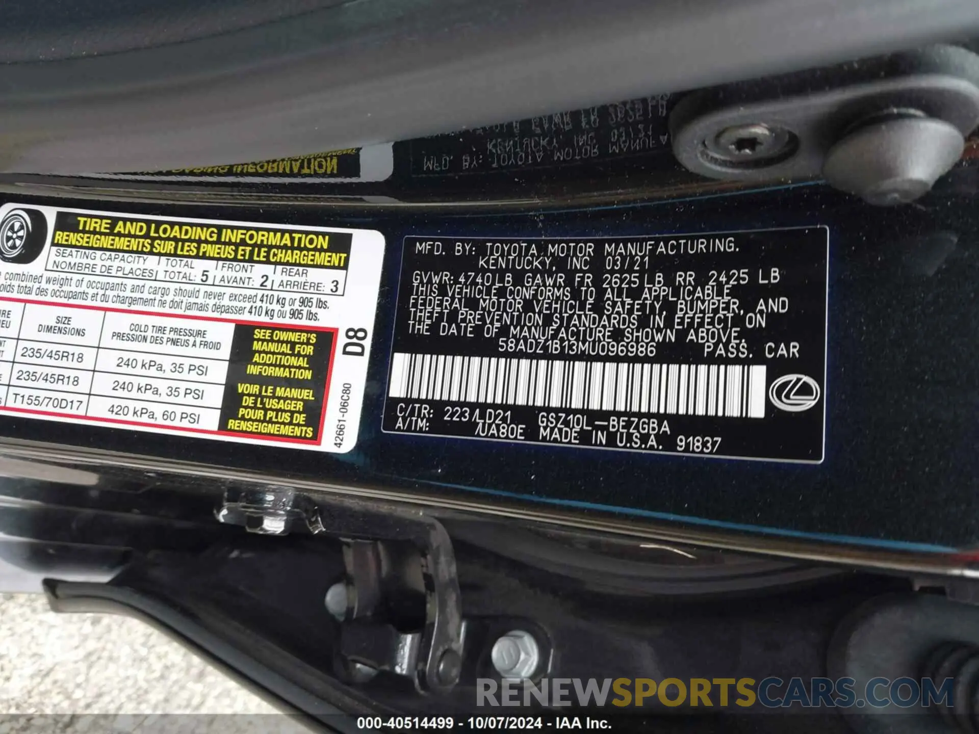 9 fotografías del automóvil dañado 58ADZ1B13MU096986 LEXUS ES 350 2021