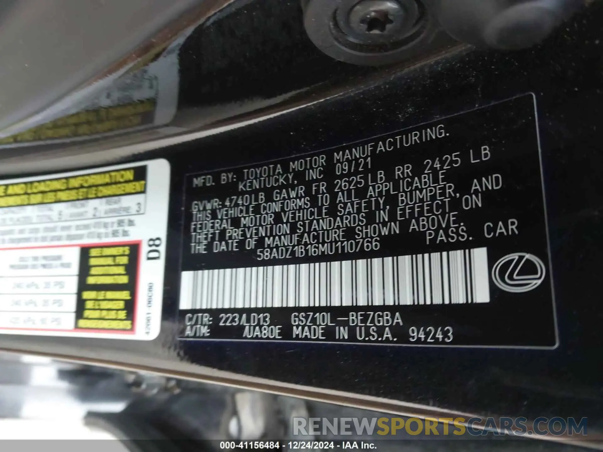9 fotografías del automóvil dañado 58ADZ1B16MU110766 LEXUS ES 350 2021