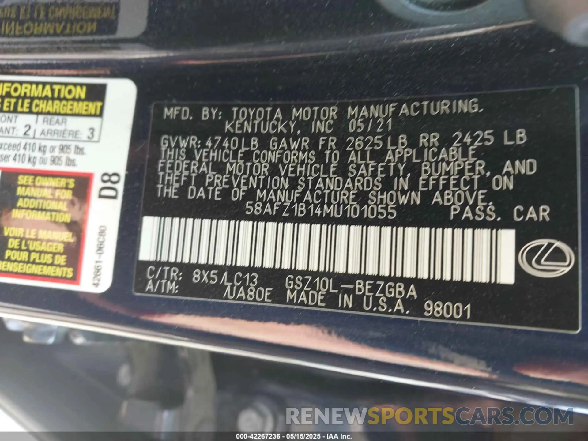 9 fotografías del automóvil dañado 58AFZ1B14MU101055 LEXUS ES 350 2021