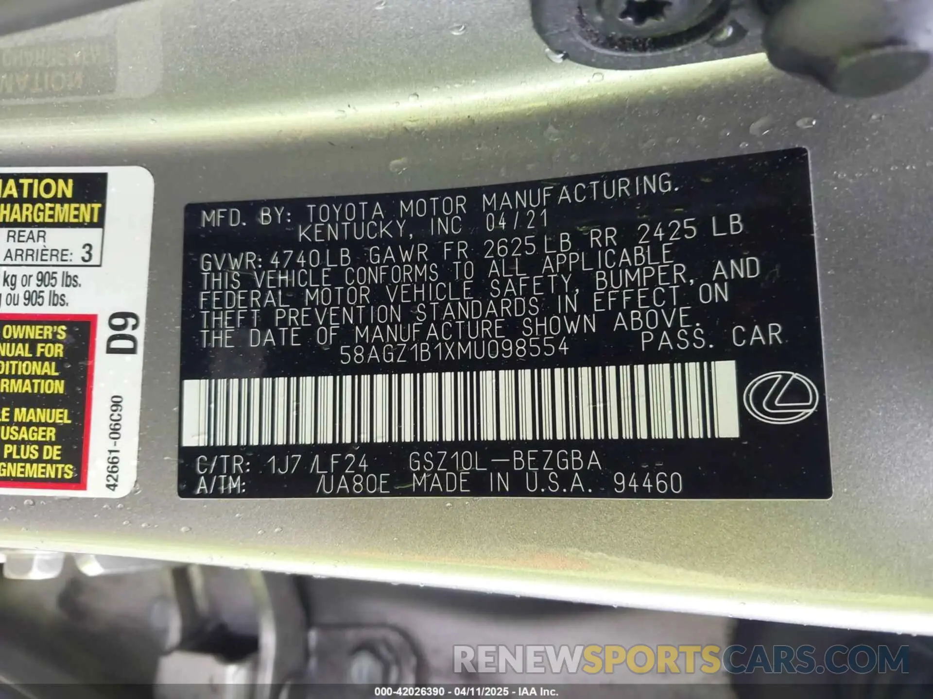 9 fotografías del automóvil dañado 58AGZ1B1XMU098554 LEXUS ES 350 2021