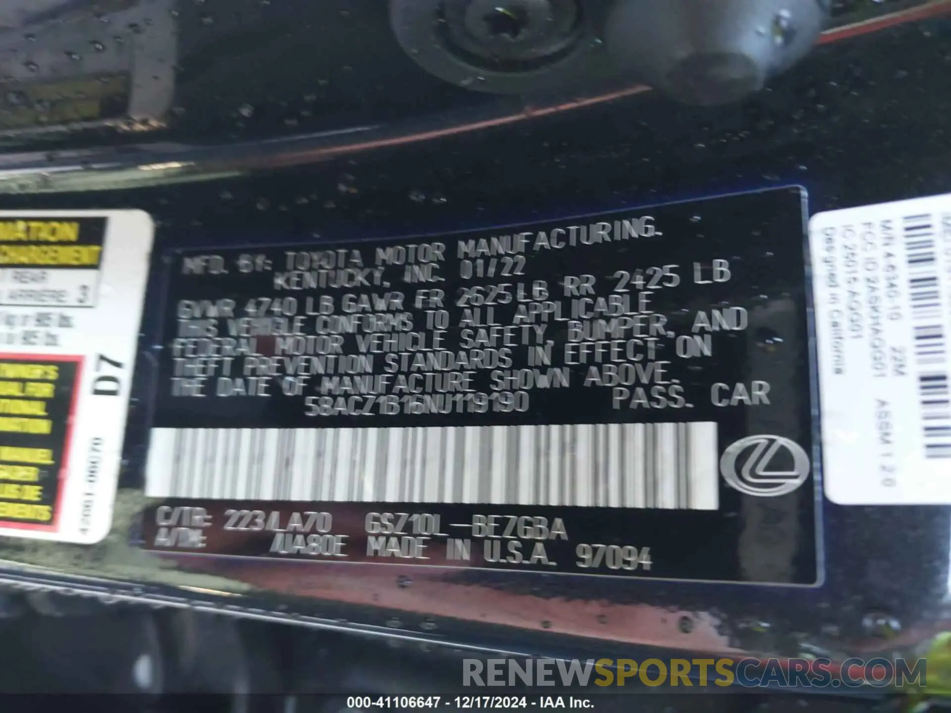 9 fotografías del automóvil dañado 58ACZ1B16NU119190 LEXUS ES 350 2022
