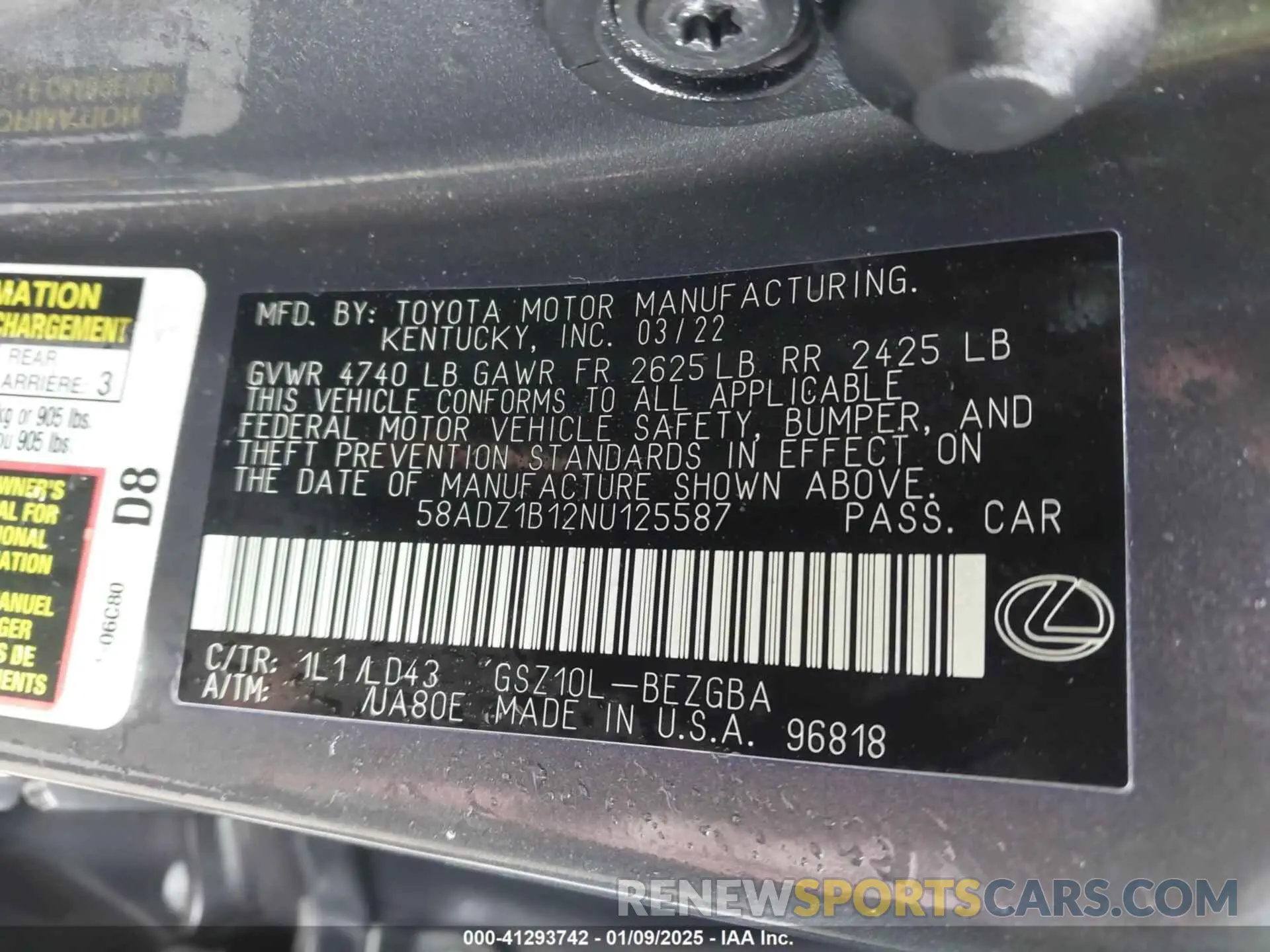 9 fotografías del automóvil dañado 58ADZ1B12NU125587 LEXUS ES 350 2022