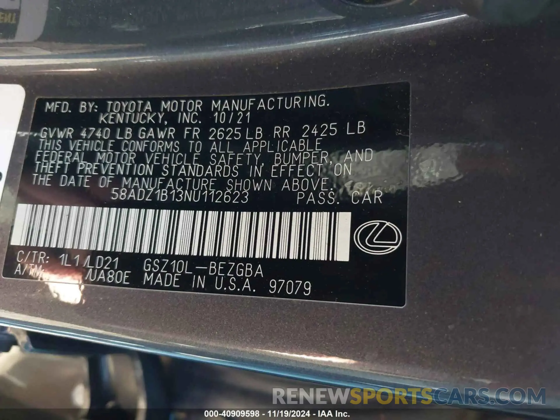 9 fotografías del automóvil dañado 58ADZ1B13NU112623 LEXUS ES 350 2022