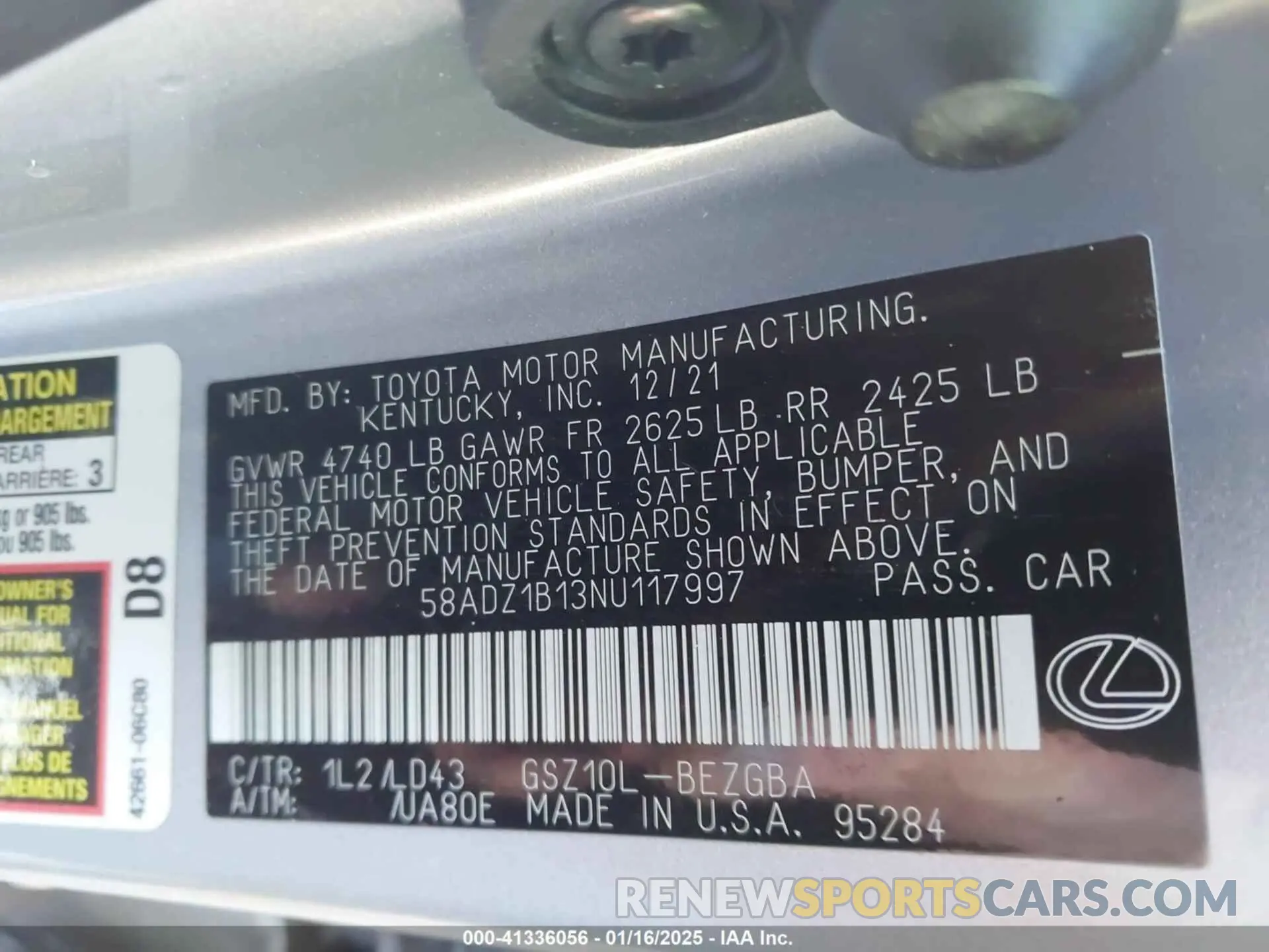 9 fotografías del automóvil dañado 58ADZ1B13NU117997 LEXUS ES 350 2022