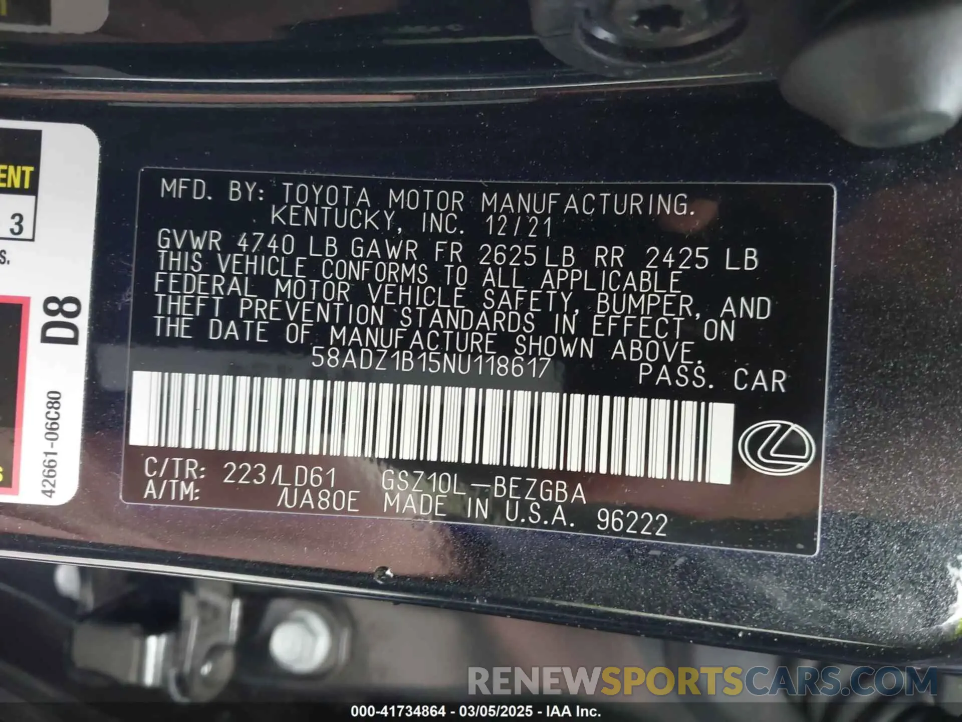 9 fotografías del automóvil dañado 58ADZ1B15NU118617 LEXUS ES 350 2022