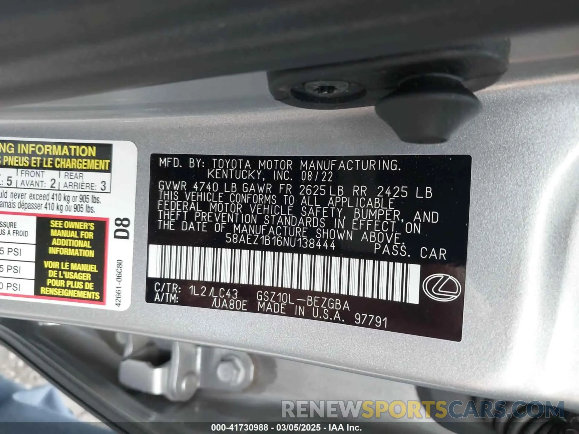 9 fotografías del automóvil dañado 58AEZ1B16NU138444 LEXUS ES 350 2022