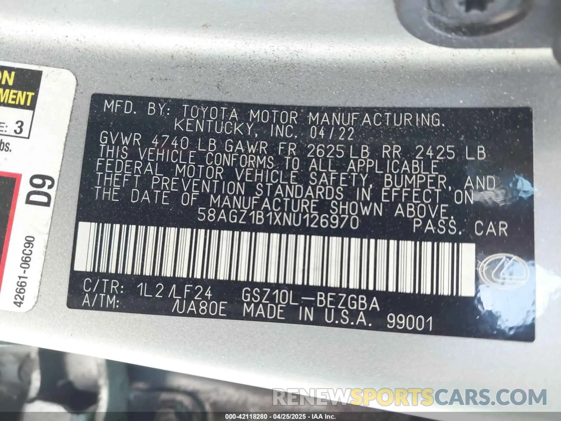 9 fotografías del automóvil dañado 58AGZ1B1XNU126970 LEXUS ES 350 2022