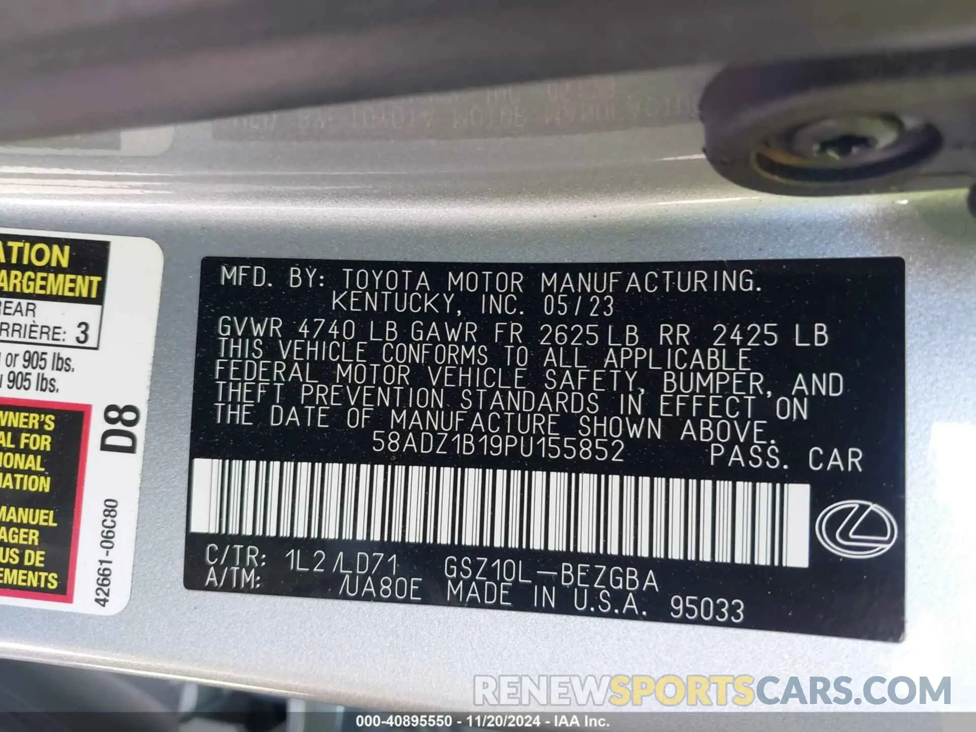 9 fotografías del automóvil dañado 58ADZ1B19PU155852 LEXUS ES 350 2023