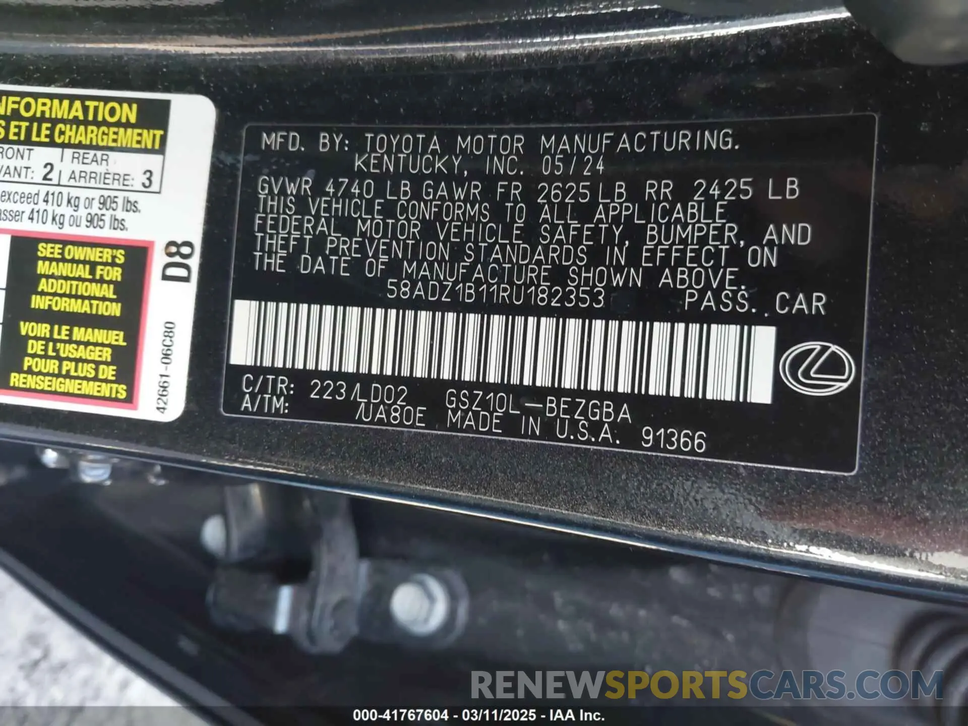 9 fotografías del automóvil dañado 58ADZ1B11RU182353 LEXUS ES 350 2024