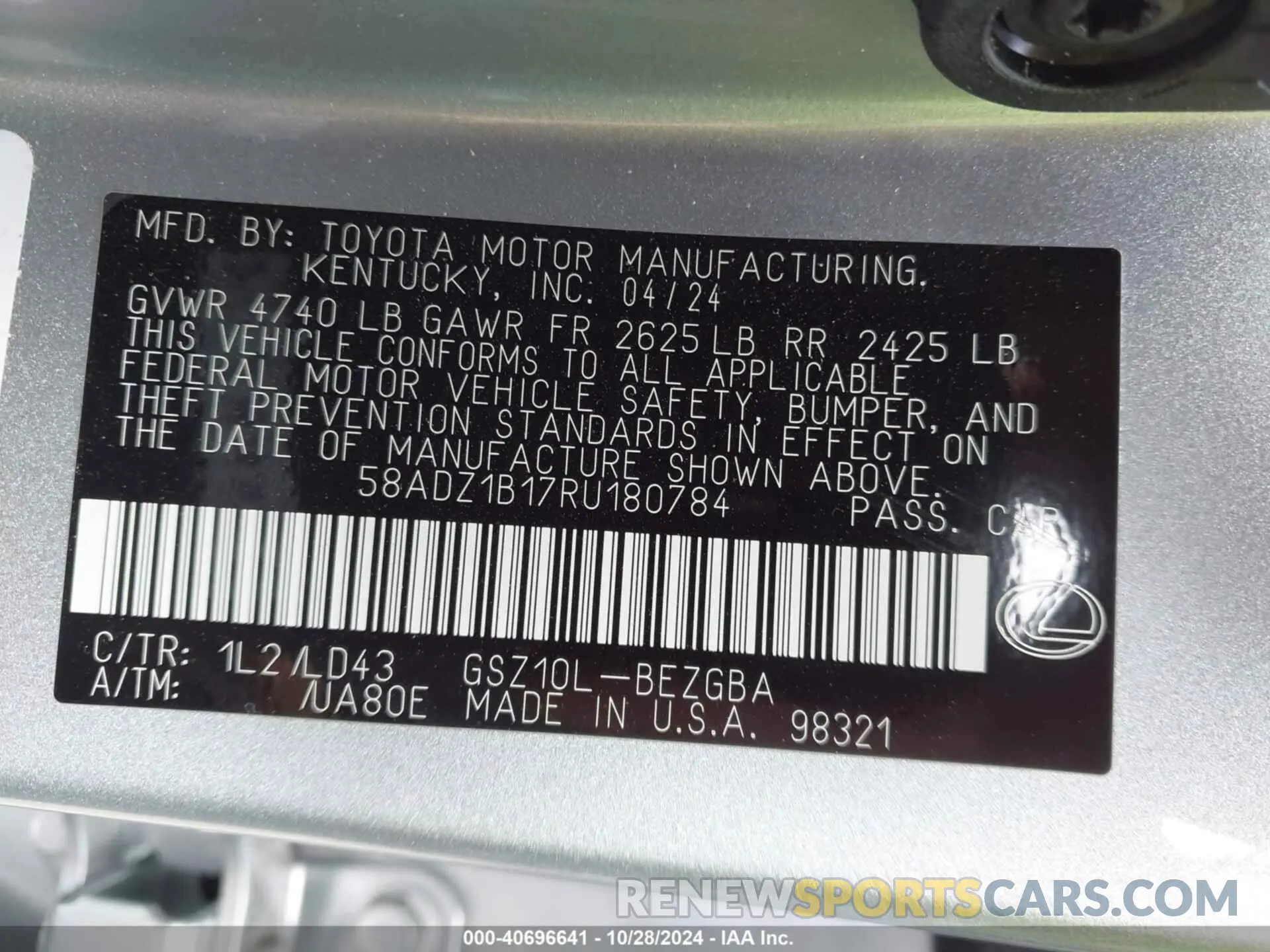 9 fotografías del automóvil dañado 58ADZ1B17RU180784 LEXUS ES 350 2024