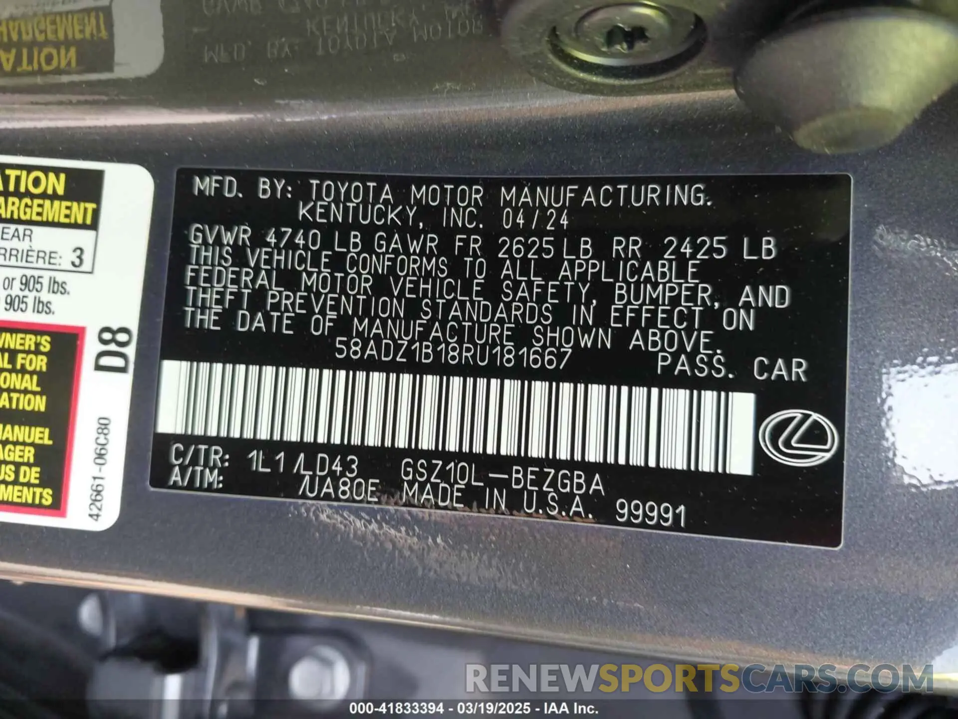9 fotografías del automóvil dañado 58ADZ1B18RU181667 LEXUS ES 350 2024