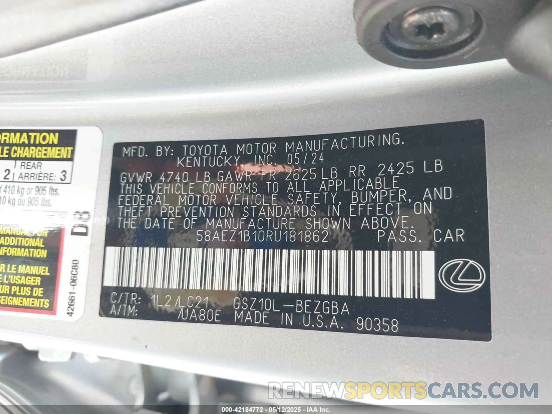 9 fotografías del automóvil dañado 58AEZ1B10RU181862 LEXUS ES 350 2024