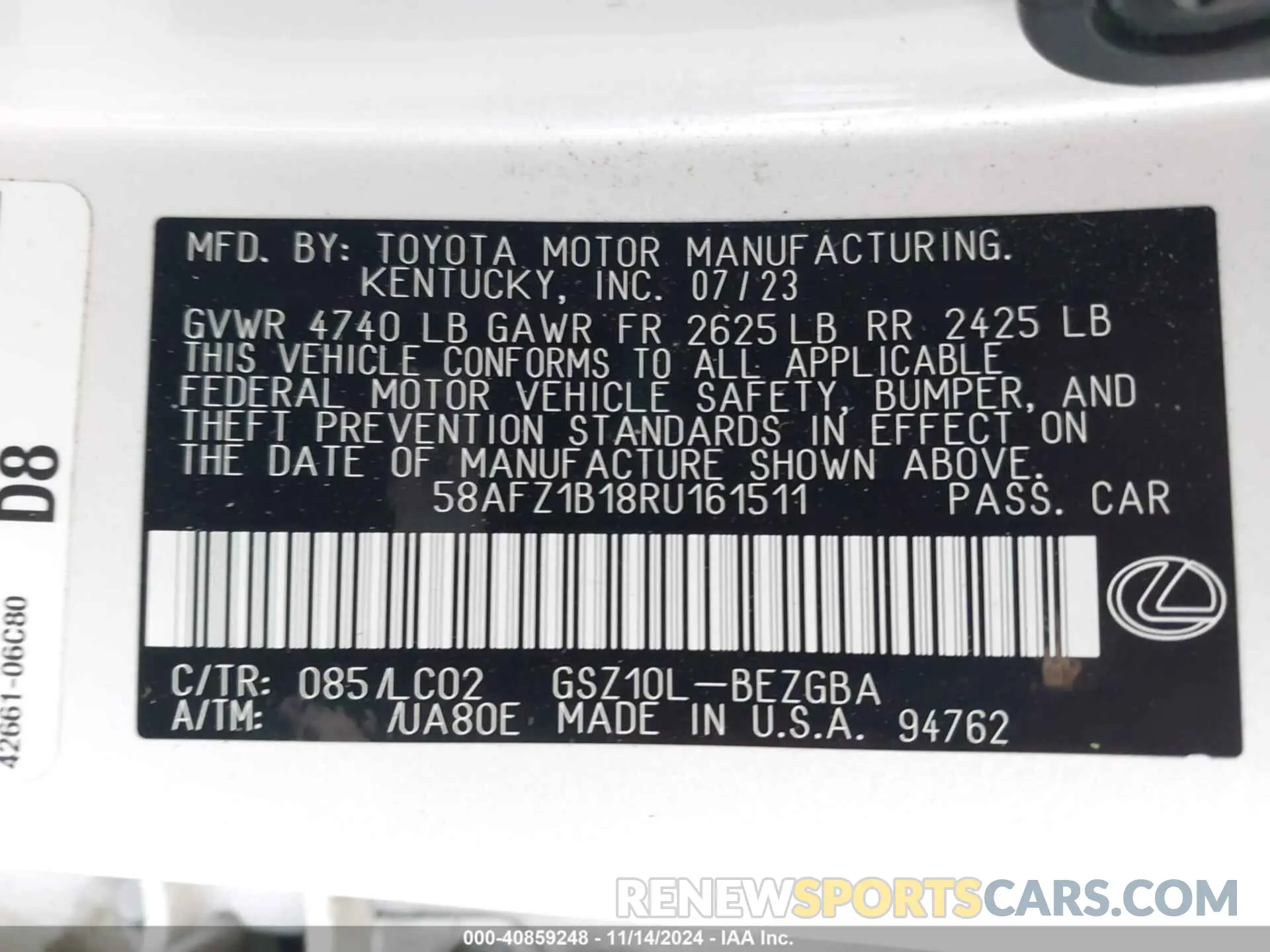 9 fotografías del automóvil dañado 58AFZ1B18RU161511 LEXUS ES 350 2024