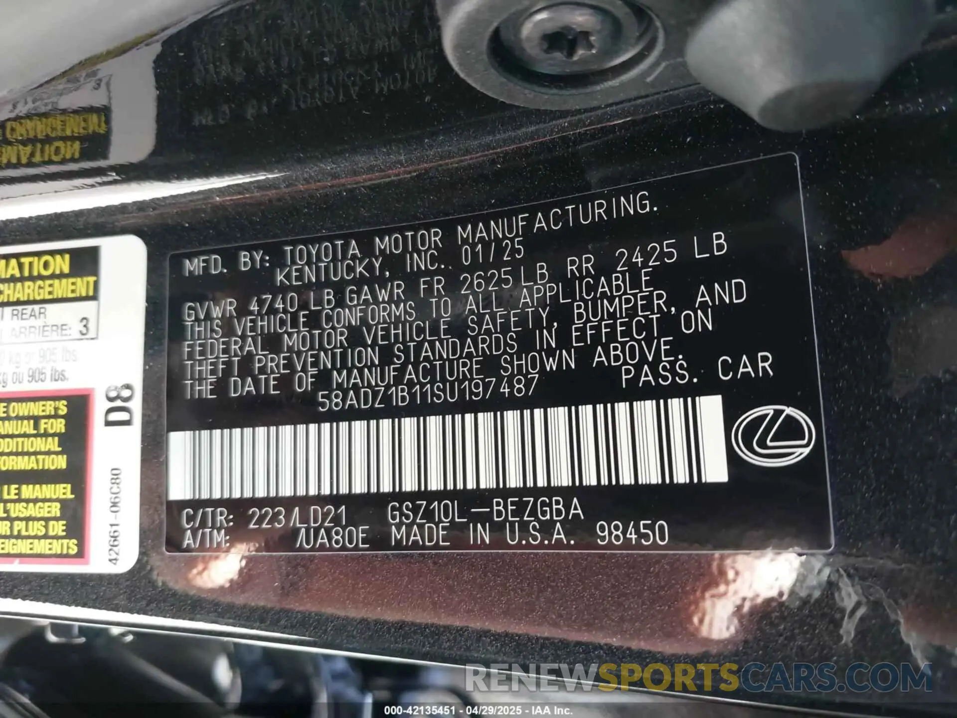 9 fotografías del automóvil dañado 58ADZ1B11SU197487 LEXUS ES 350 2025