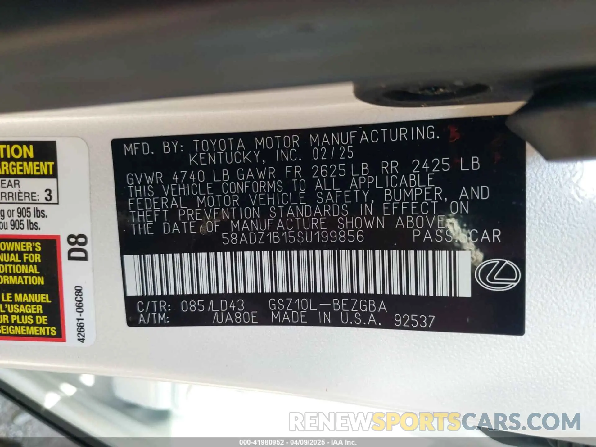 9 fotografías del automóvil dañado 58ADZ1B15SU199856 LEXUS ES 350 2025