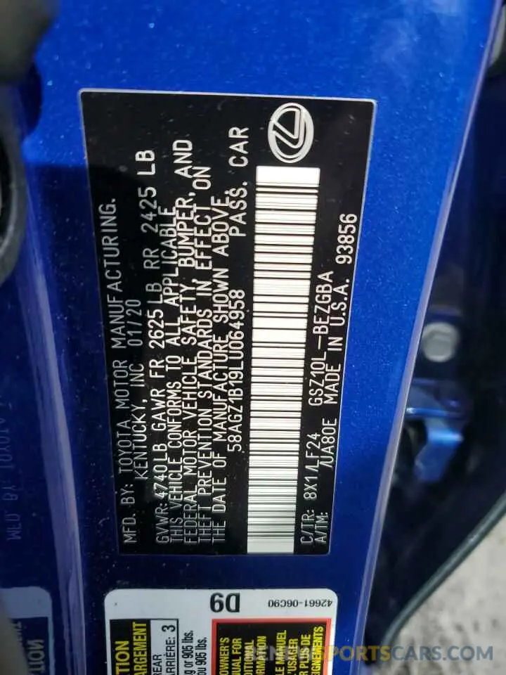 12 fotografías del automóvil dañado 58AGZ1B19LU064958 LEXUS ES 350 F S 2020