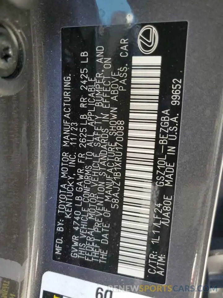 12 fotografías del automóvil dañado 58AJZ1B1XRU170088 LEXUS ES 350 F S 2024