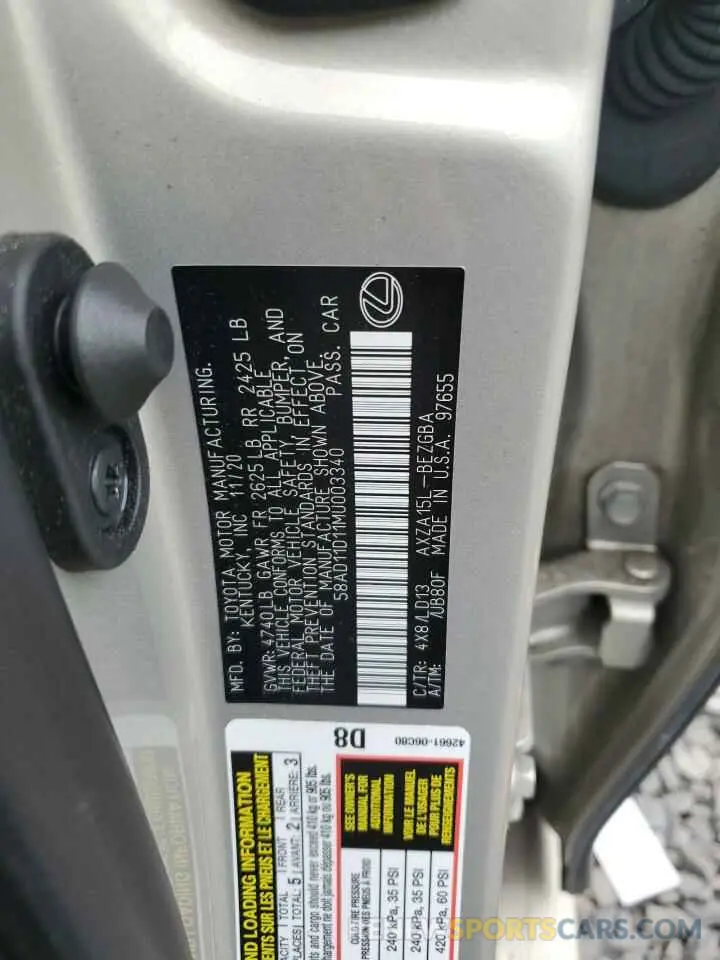 14 fotografías del automóvil dañado 58AD11D11MU003340 LEXUS ES250 2021