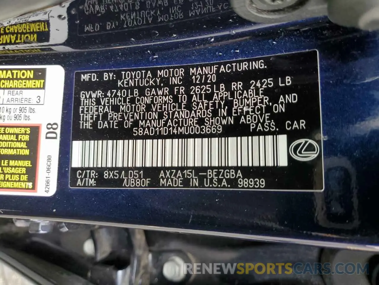 12 fotografías del automóvil dañado 58AD11D14MU003669 LEXUS ES250 2021