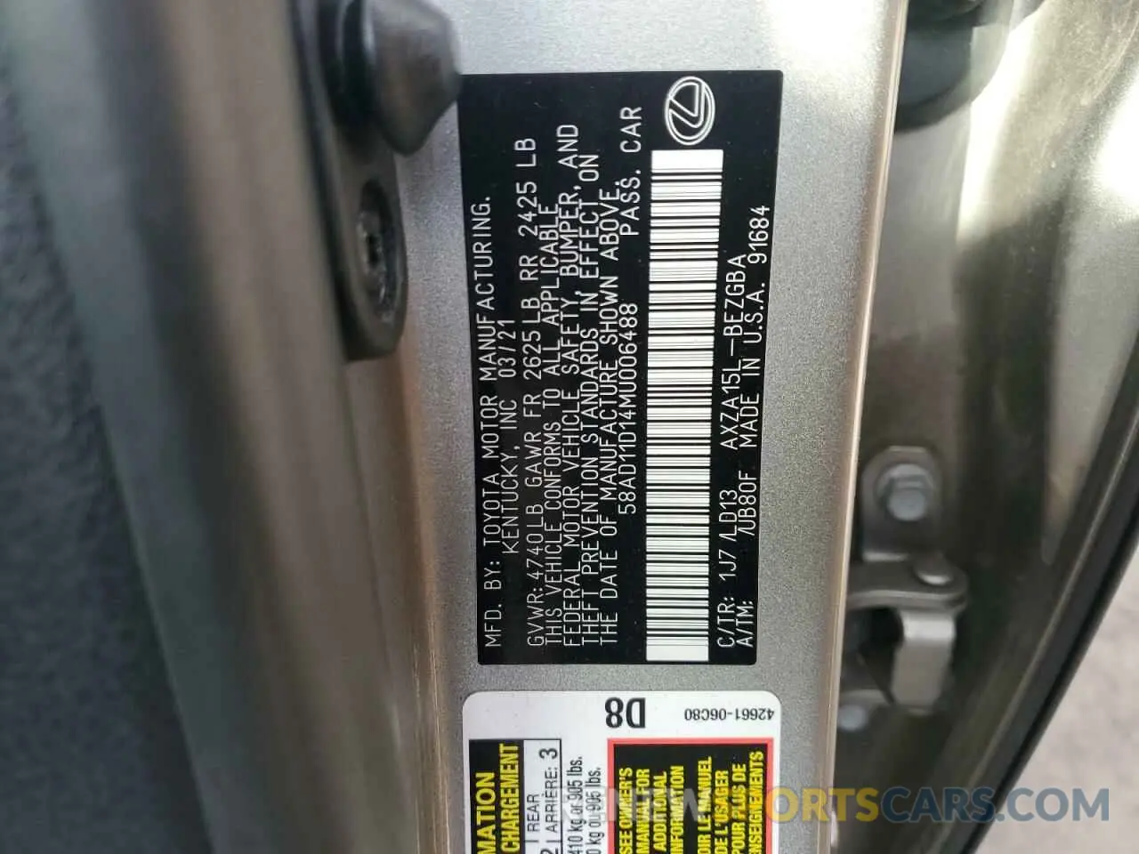 14 fotografías del automóvil dañado 58AD11D14MU006488 LEXUS ES250 2021