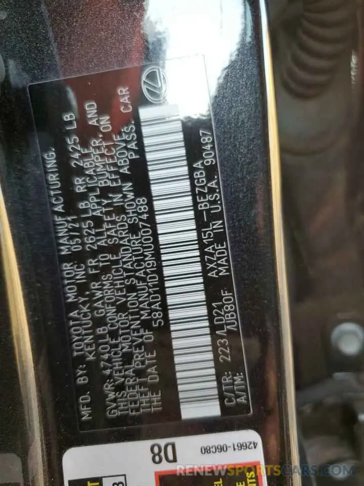 12 fotografías del automóvil dañado 58AD11D19MU007488 LEXUS ES250 2021